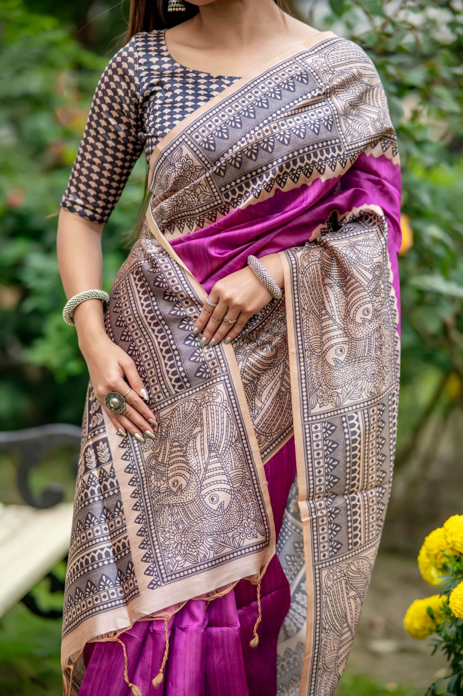 Plum Purple Madhubani Printed Silk Saree