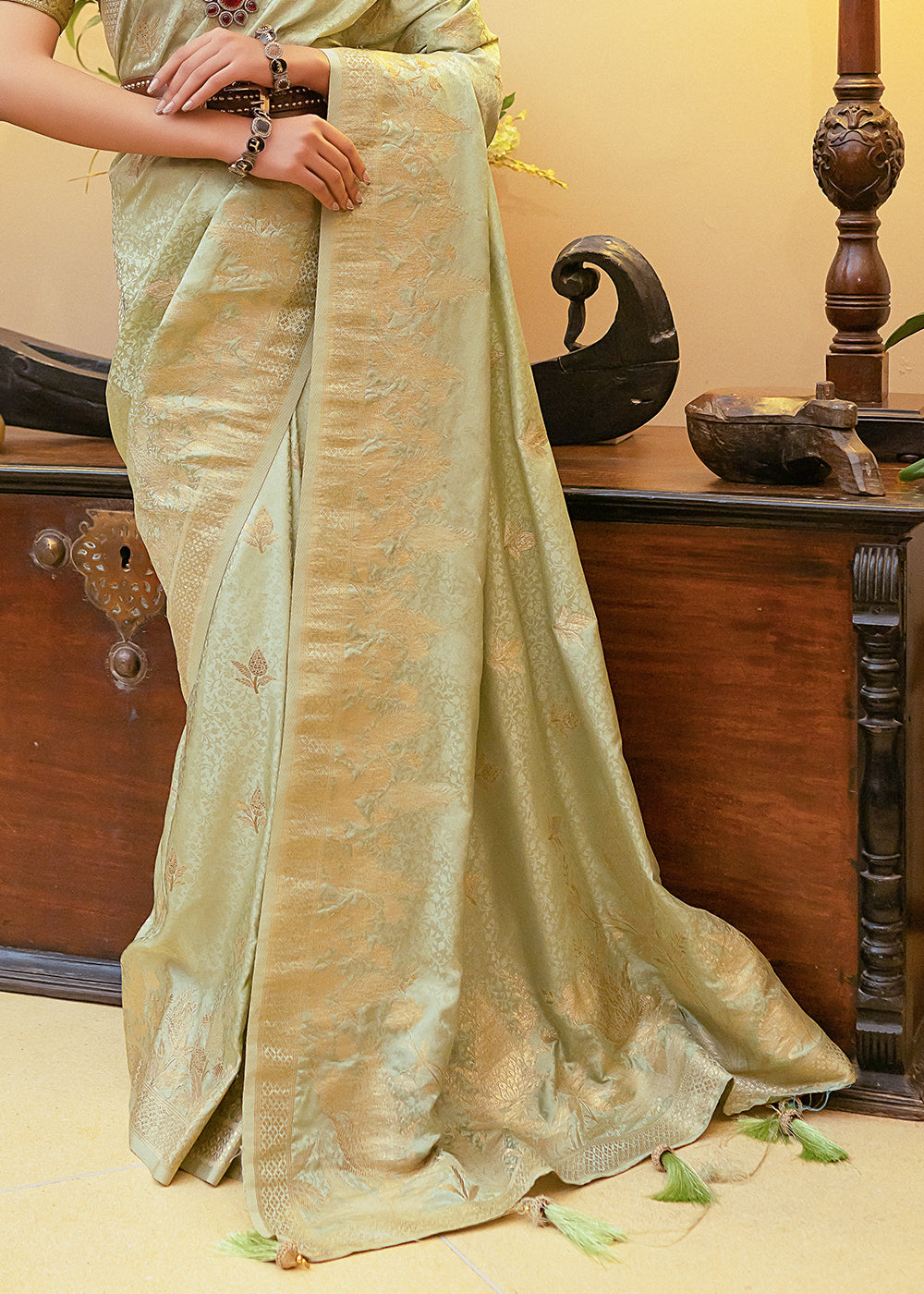 Winter Hazel Green Woven Satin Silk Saree