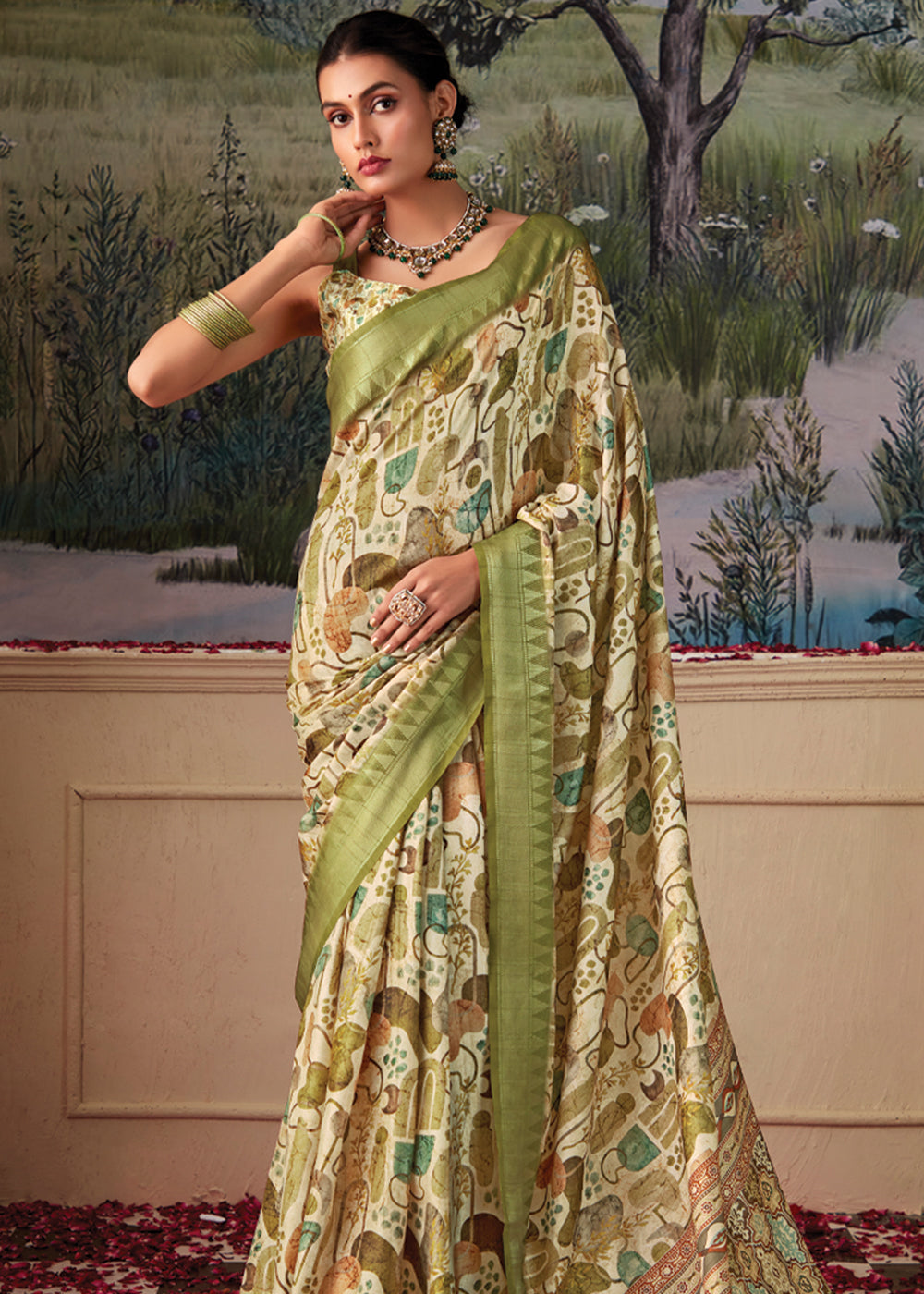 Pale Oyster Green Woven Banarasi Tussar Silk Saree