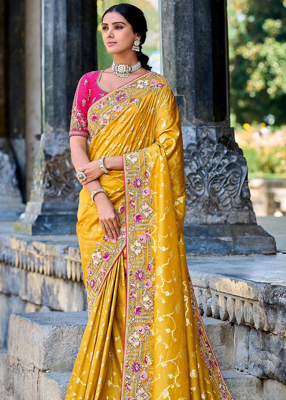 Amber Yellow Woven Designer Banarasi Embroidered Silk Saree