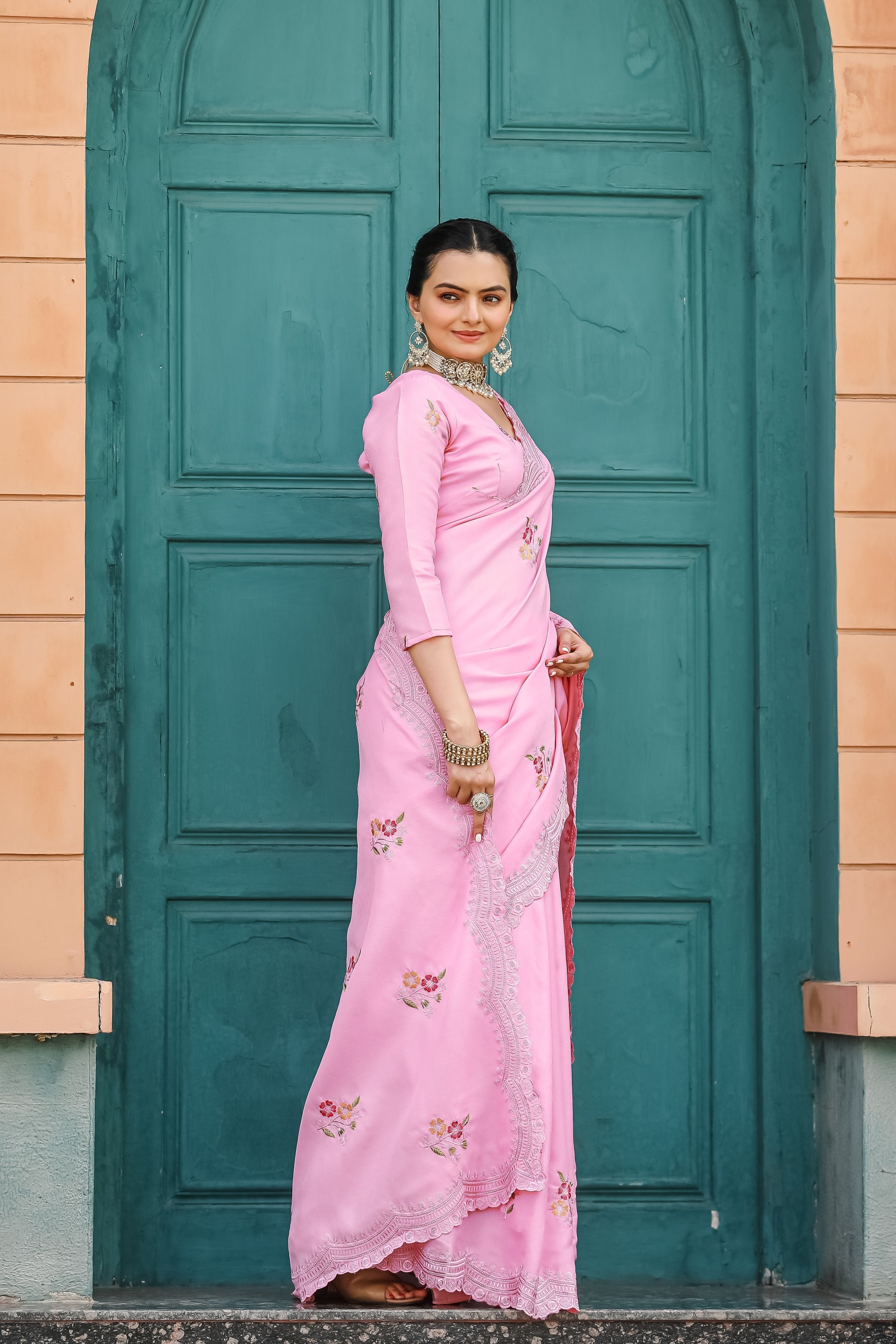 Lotus Pink Embroidery Tussar Cotton Saree