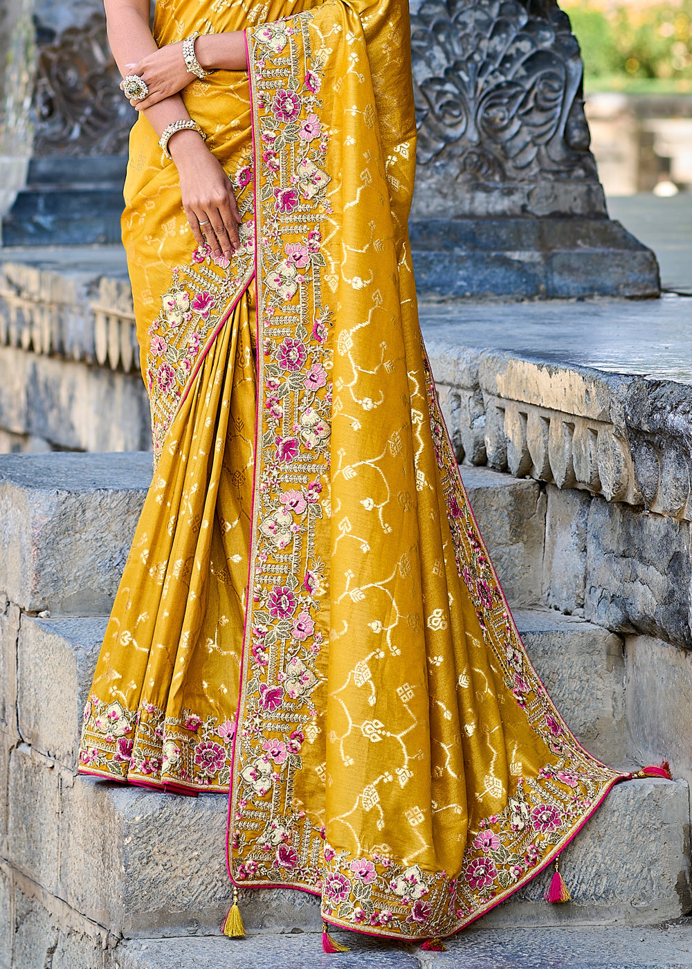 Amber Yellow Woven Designer Banarasi Embroidered Silk Saree