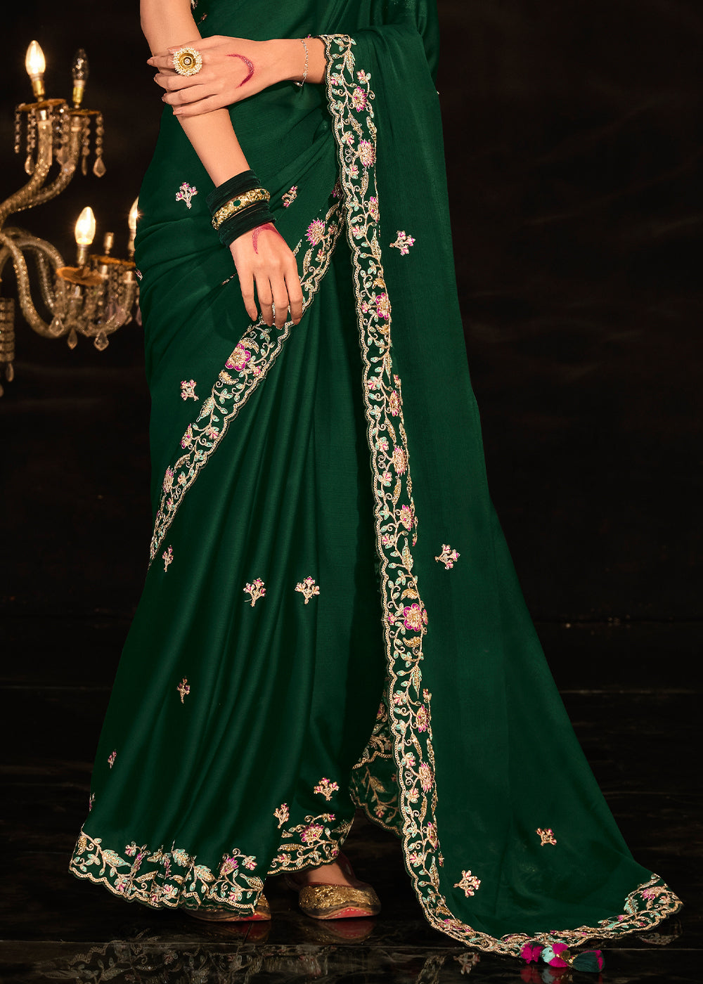 Bush Green Embroidered Designer Satin Silk Saree