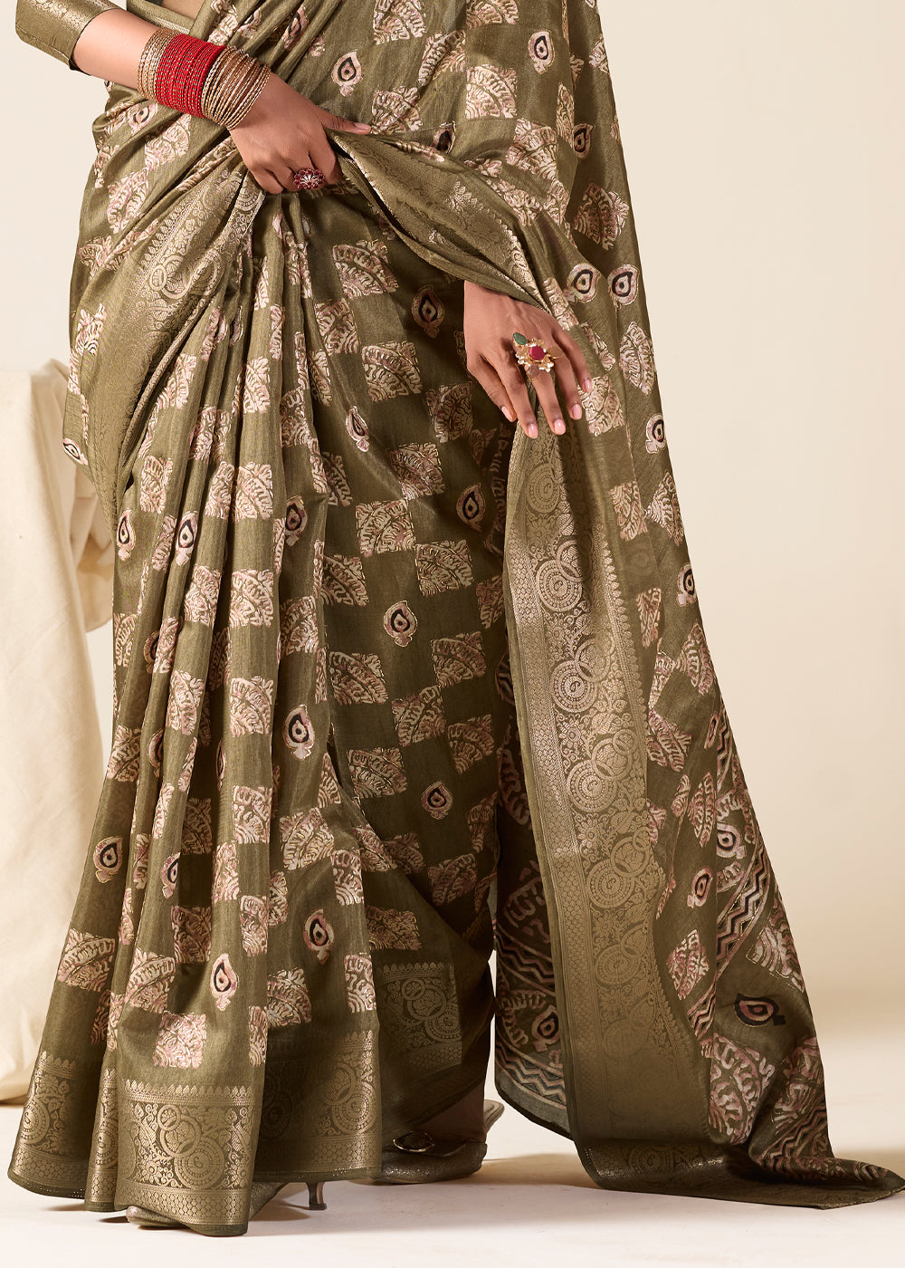 Leather Green Banarasi Printed Soft Silk Saree