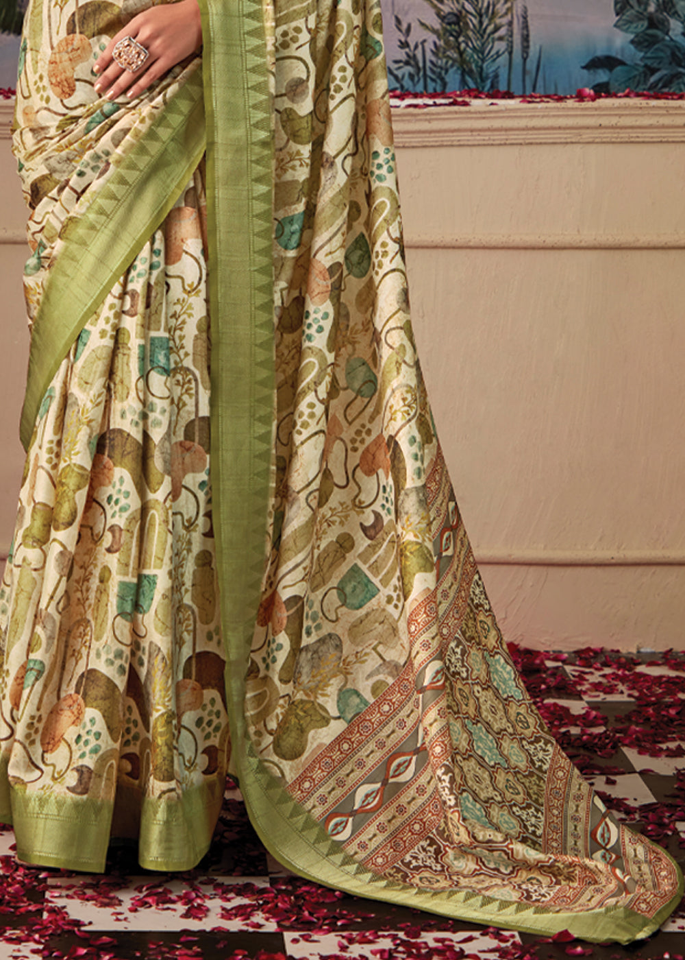 Pale Oyster Green Woven Banarasi Tussar Silk Saree