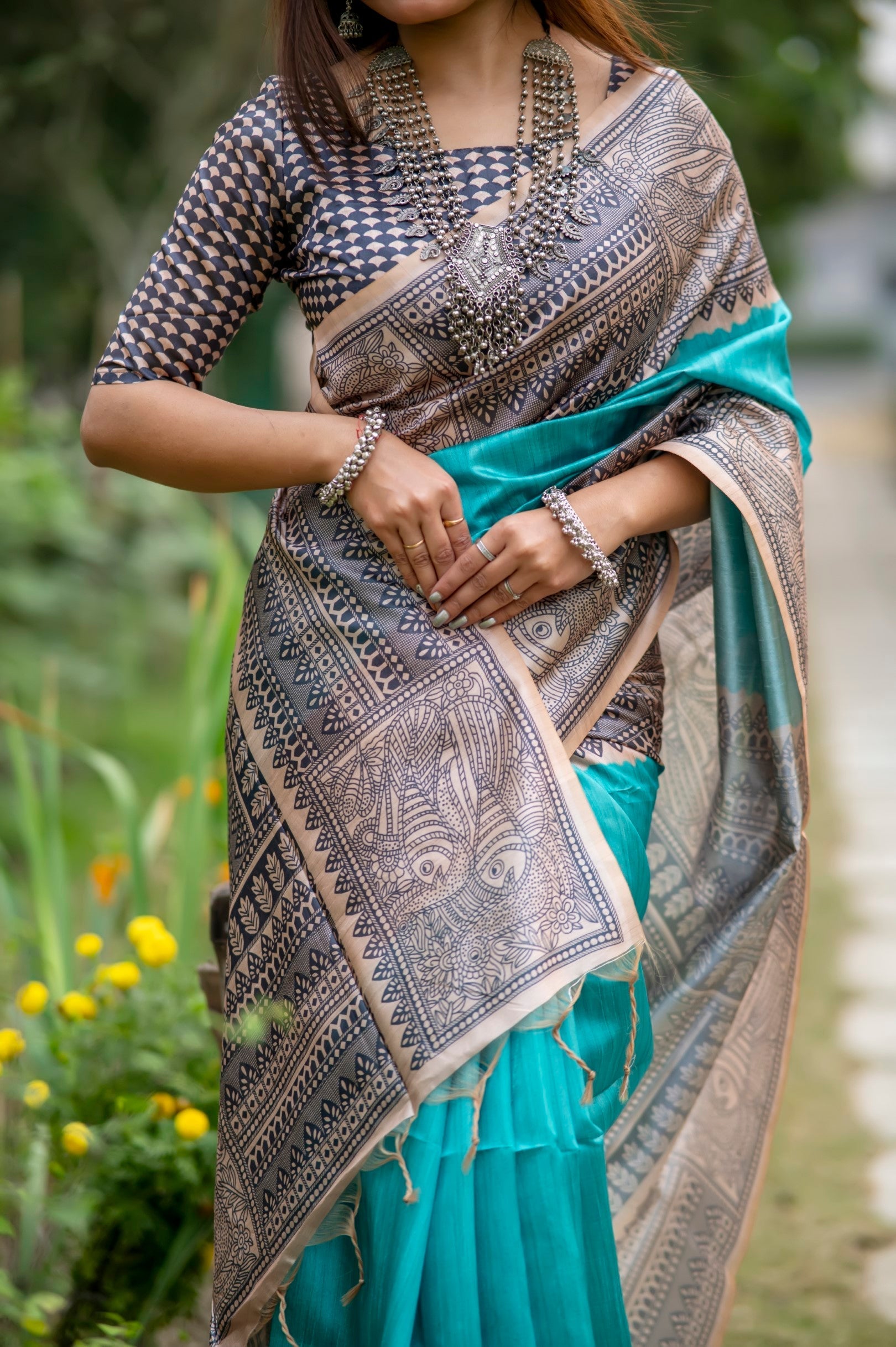 Cadet Blue Madhubani Printed Silk Saree