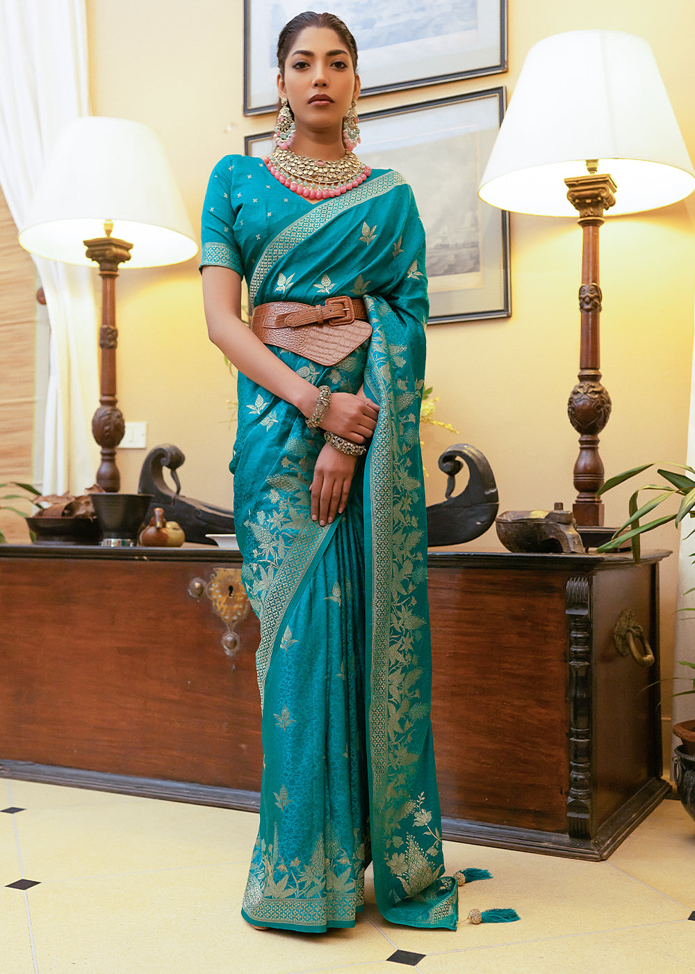 Sea Serpent Blue Woven Satin Silk Saree