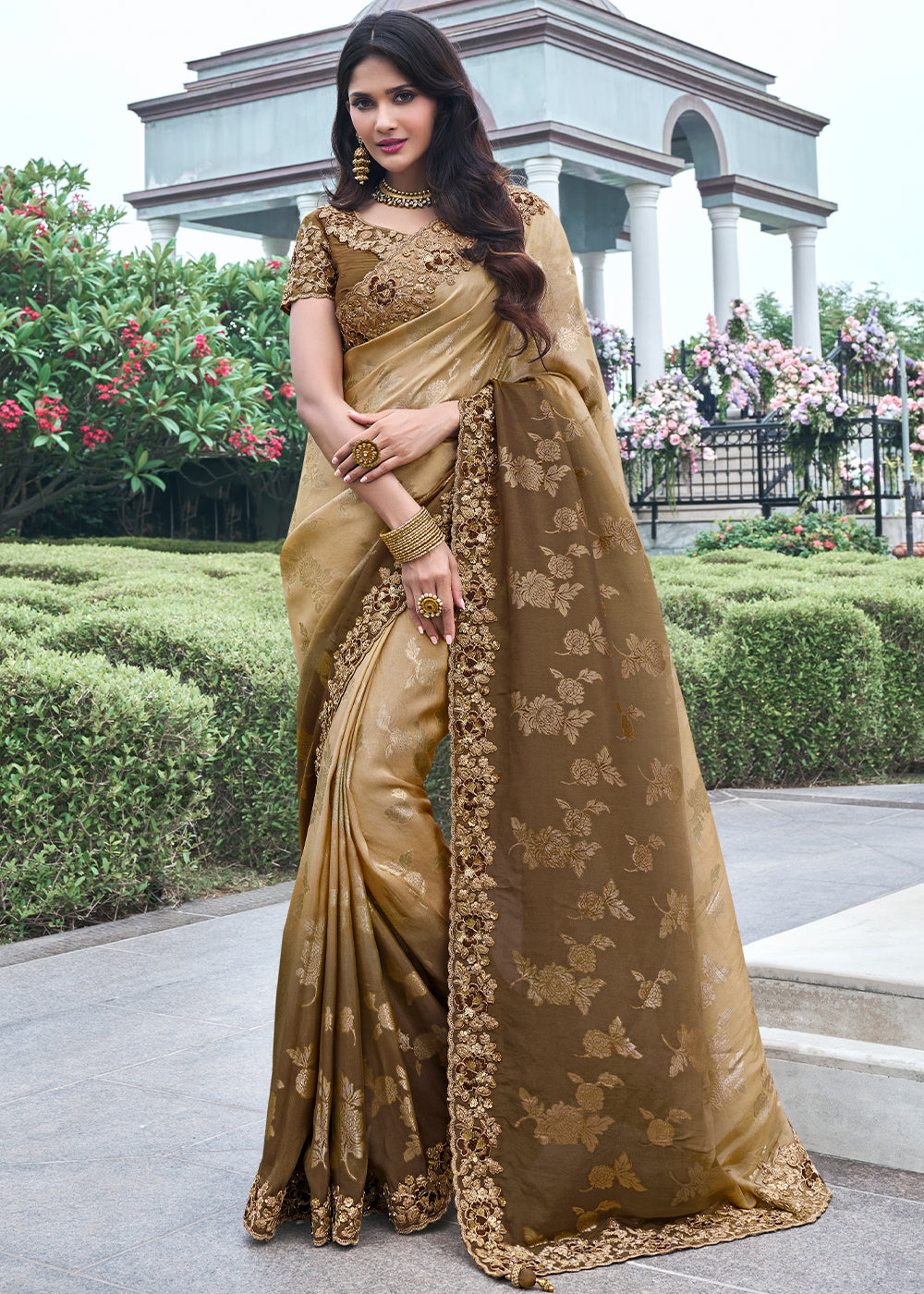 Peanut Brown Embroidered Designer Silk Saree