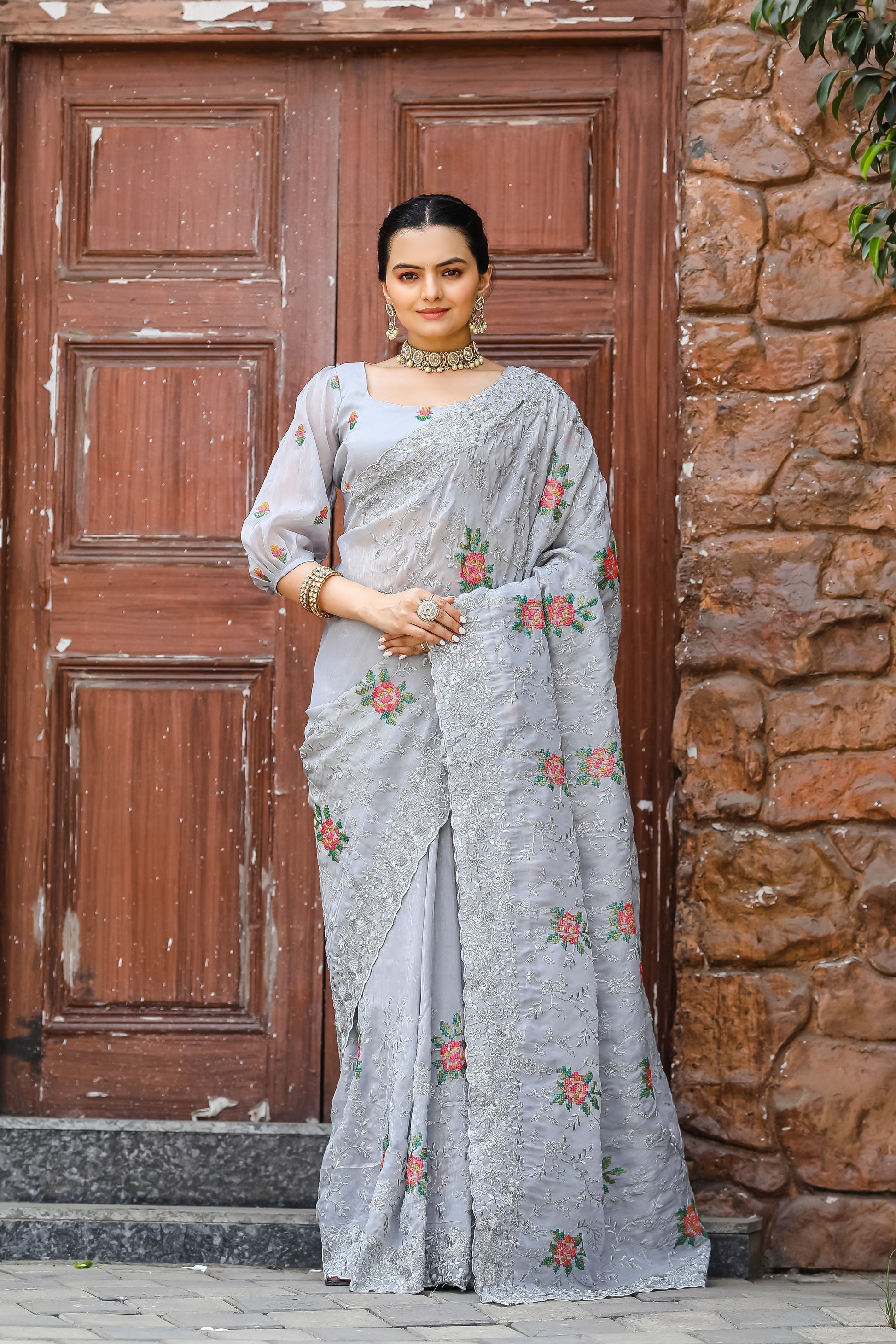 Cloudy Grey Embroidered Chiffon Silk Saree