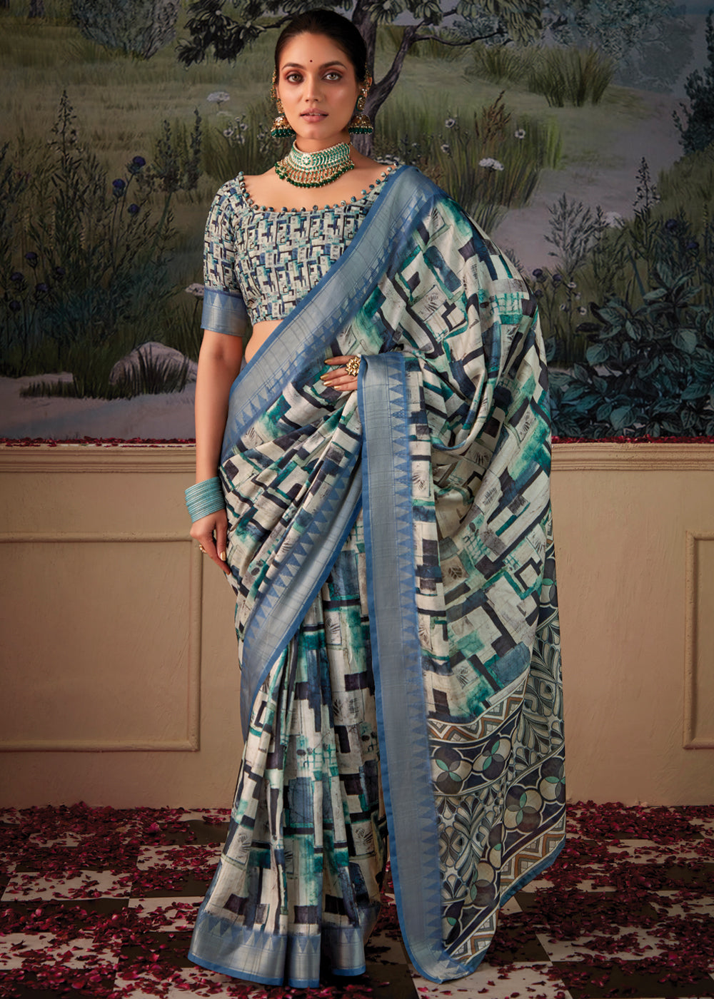 Blue Bayoux Woven Banarasi Tussar Silk Saree