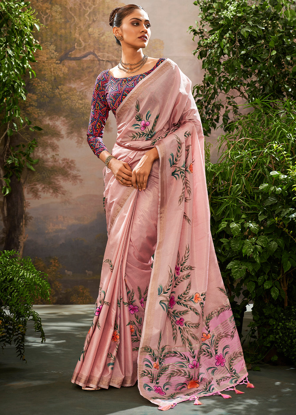 Taffy Pink Painted Linen Silk Saree