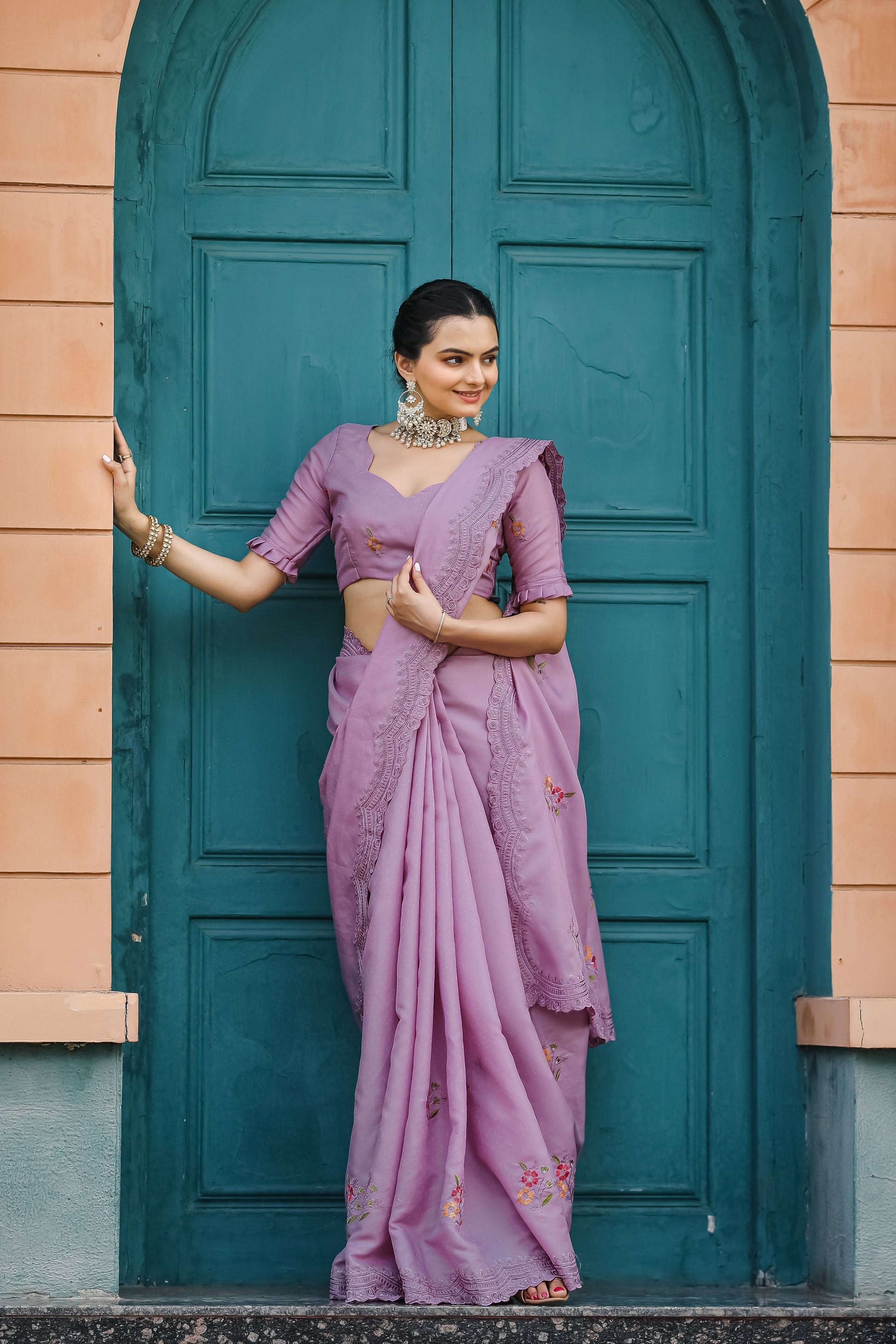 Old Rose Purple Embroidery Tussar Cotton Saree