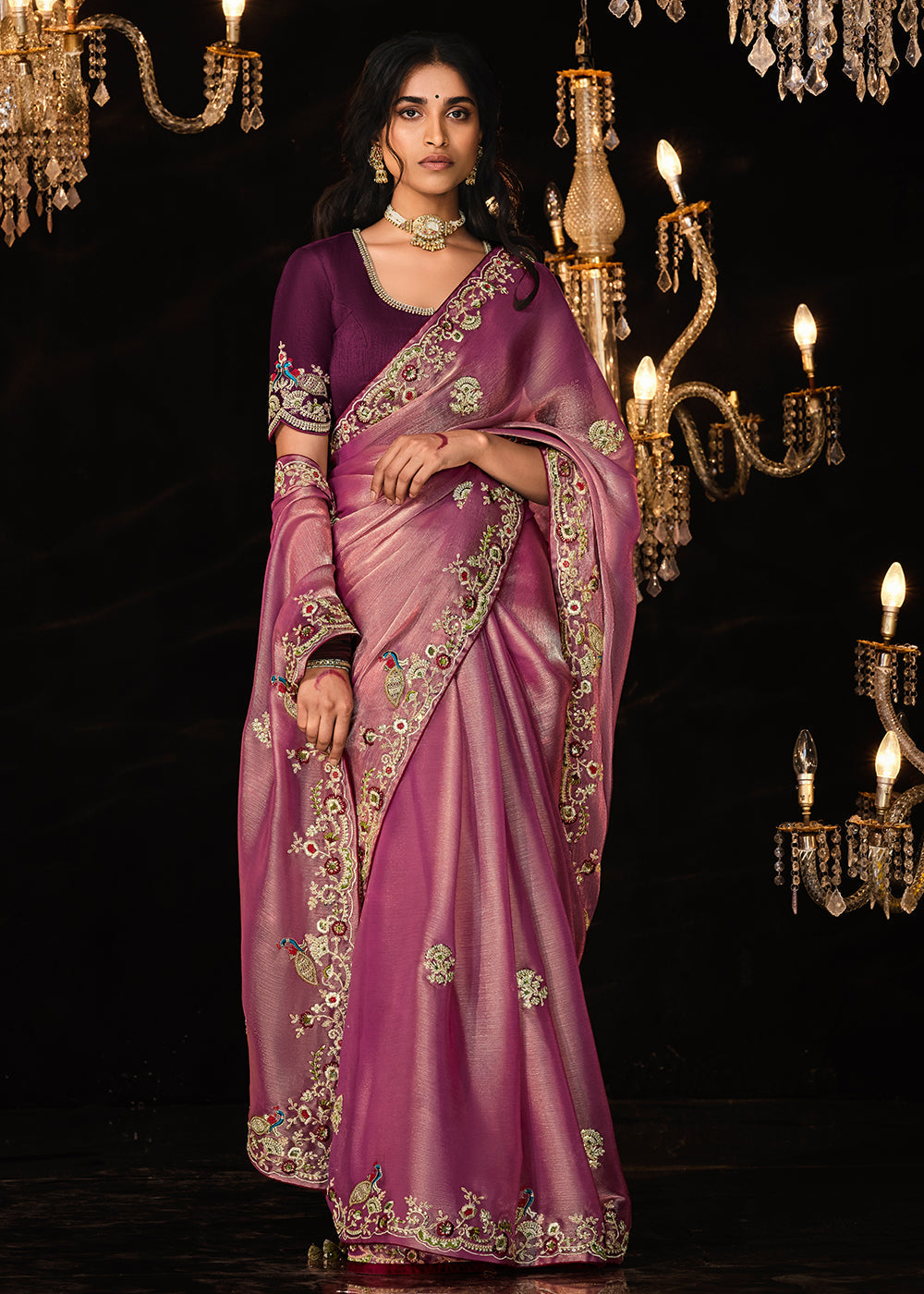 Cadillac Purple Embroidered Designer Satin Silk Saree