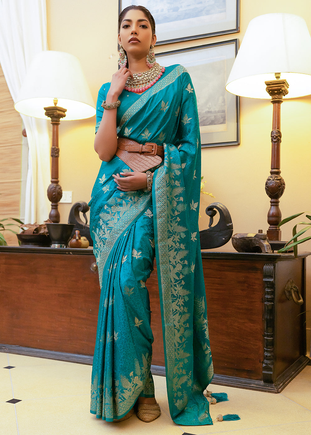 Sea Serpent Blue Woven Satin Silk Saree