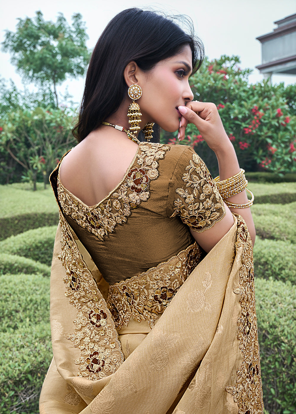 Peanut Brown Embroidered Designer Silk Saree