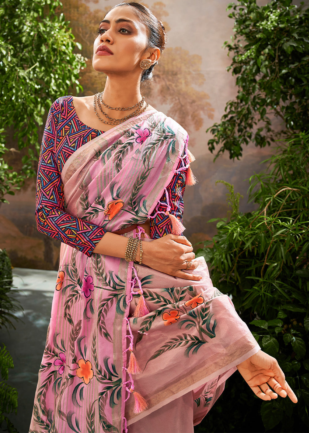 Taffy Pink Painted Linen Silk Saree