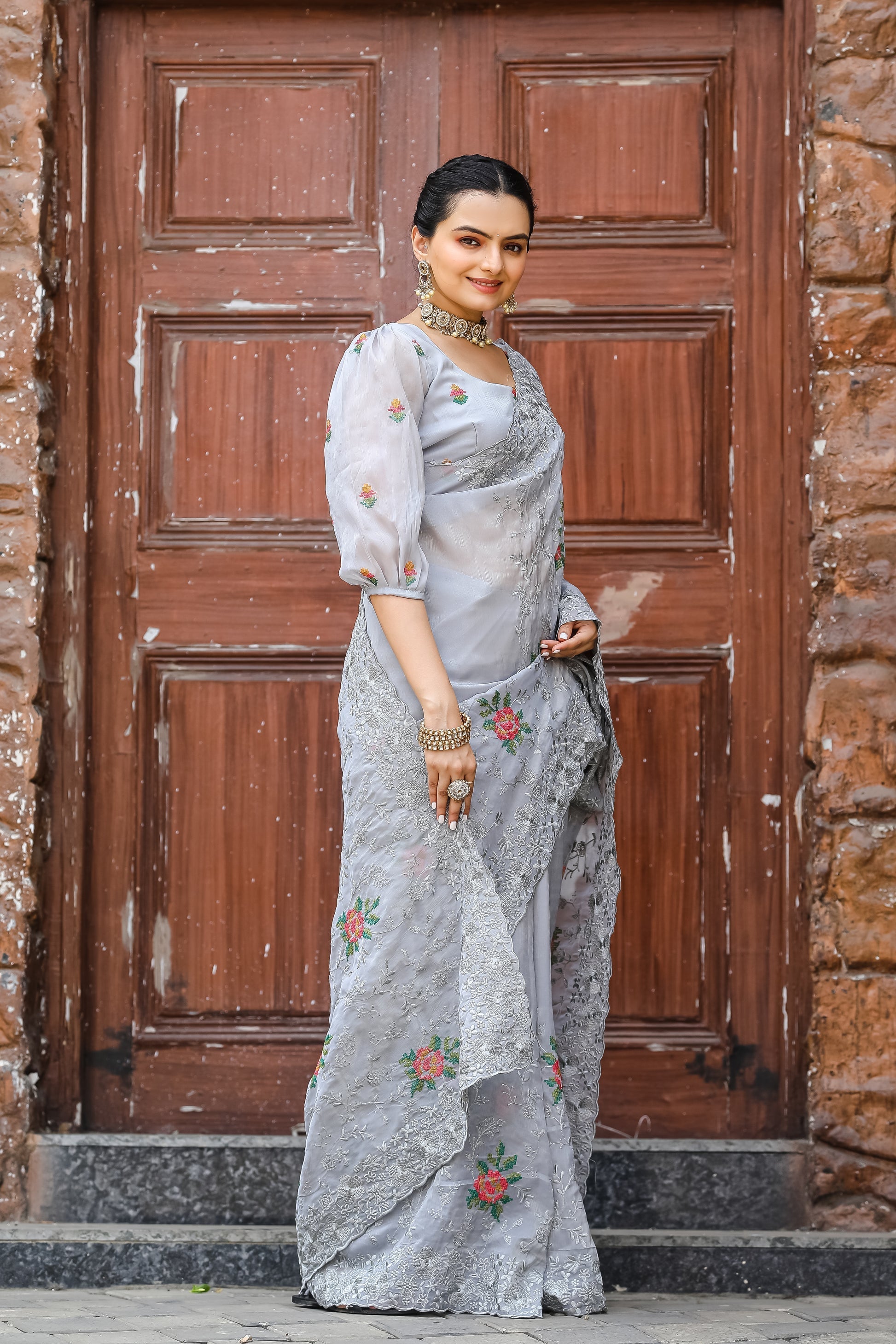 Cloudy Grey Embroidered Chiffon Silk Saree