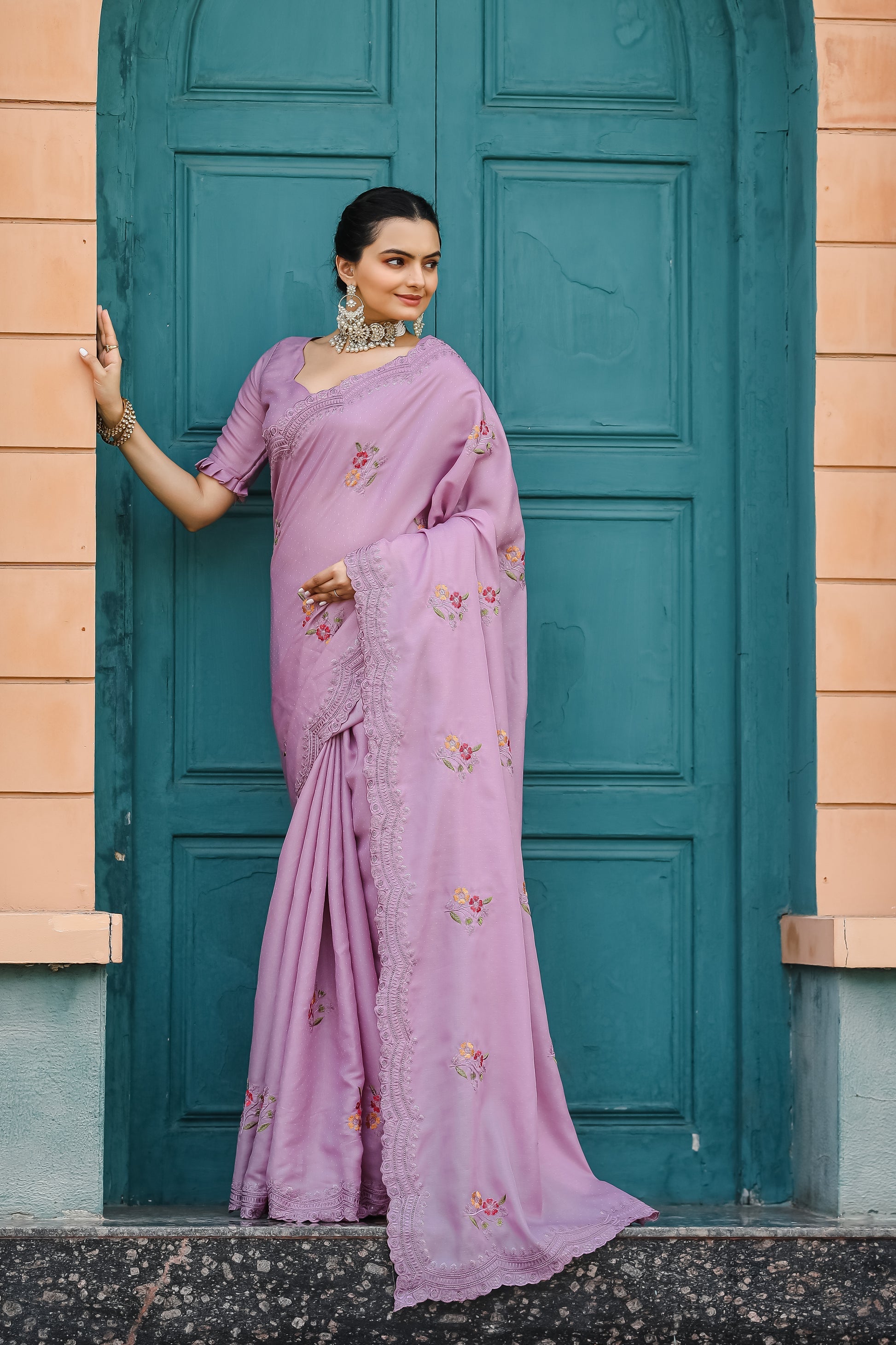 Old Rose Purple Embroidery Tussar Cotton Saree