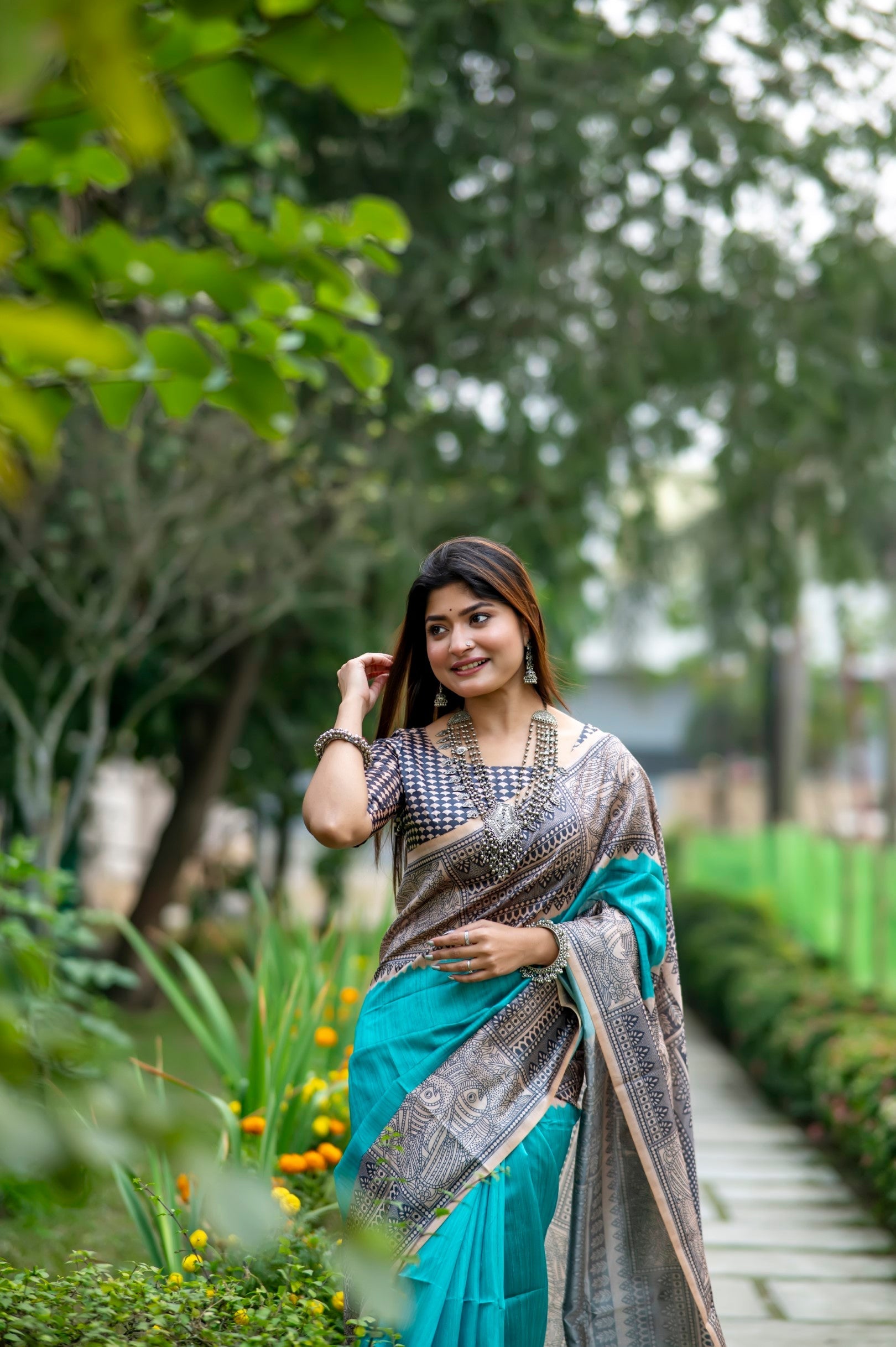 Cadet Blue Madhubani Printed Silk Saree