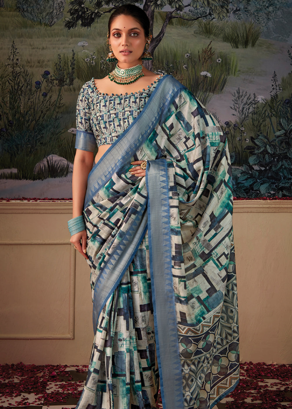 Blue Bayoux Woven Banarasi Tussar Silk Saree