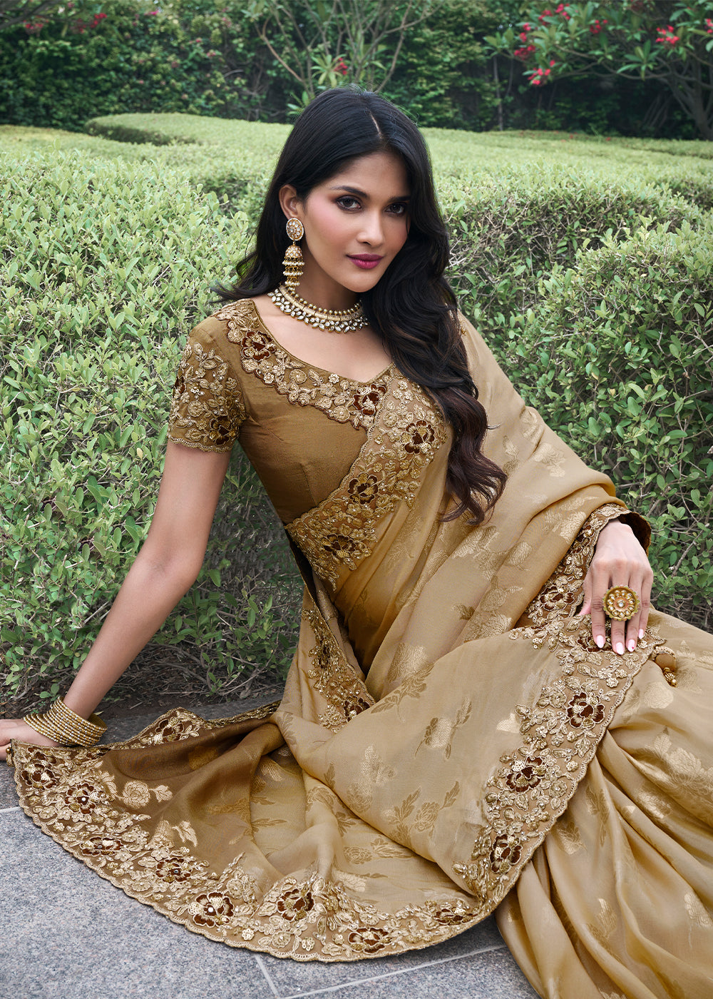 Peanut Brown Embroidered Designer Silk Saree