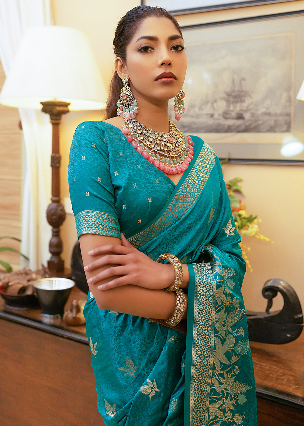 Sea Serpent Blue Woven Satin Silk Saree