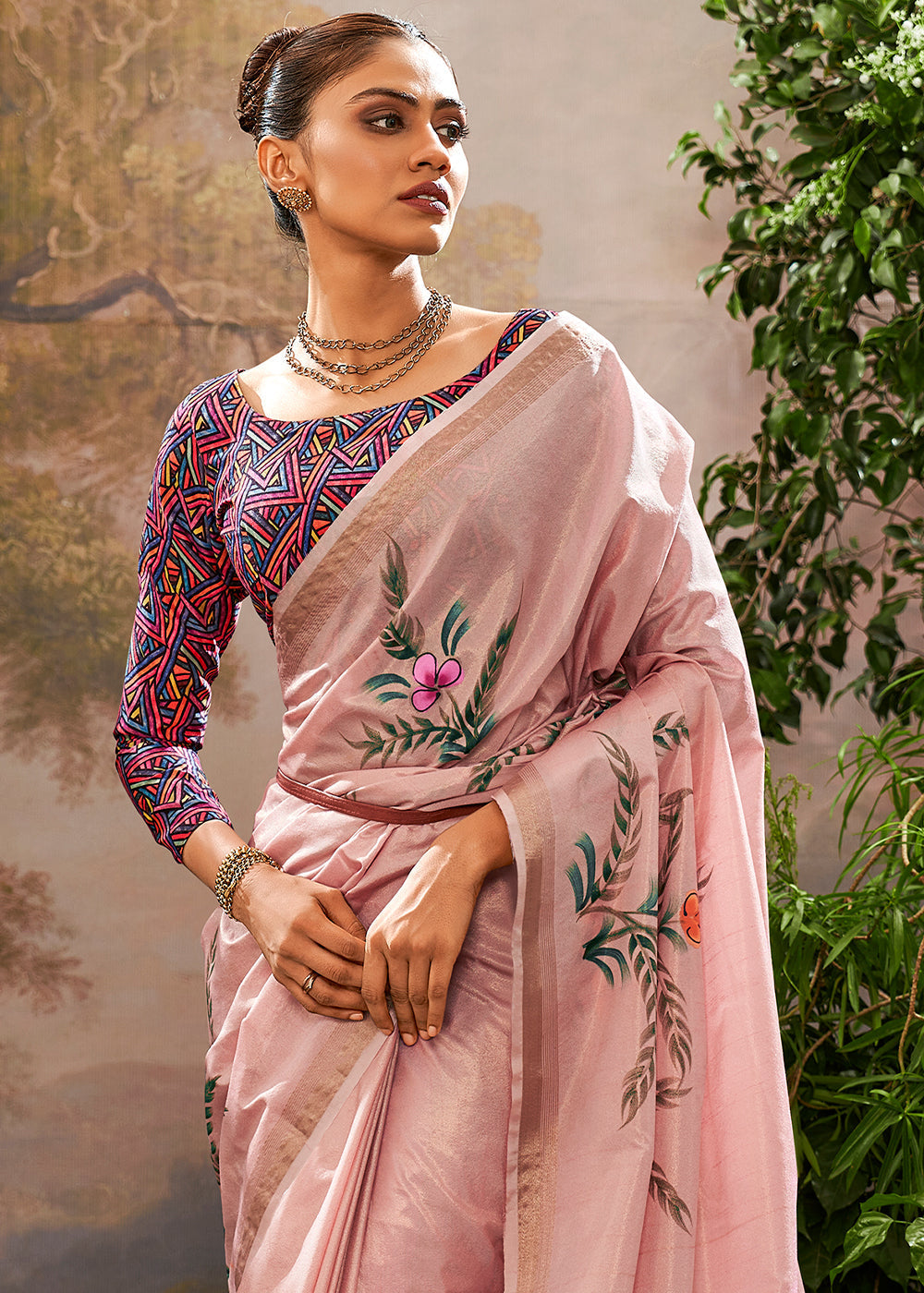 Taffy Pink Painted Linen Silk Saree