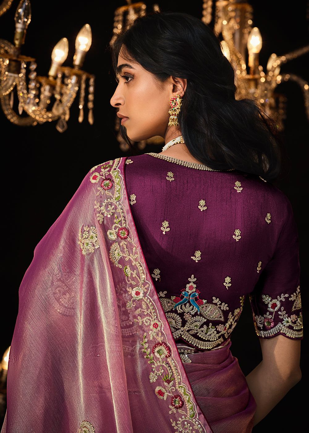 Cadillac Purple Embroidered Designer Satin Silk Saree