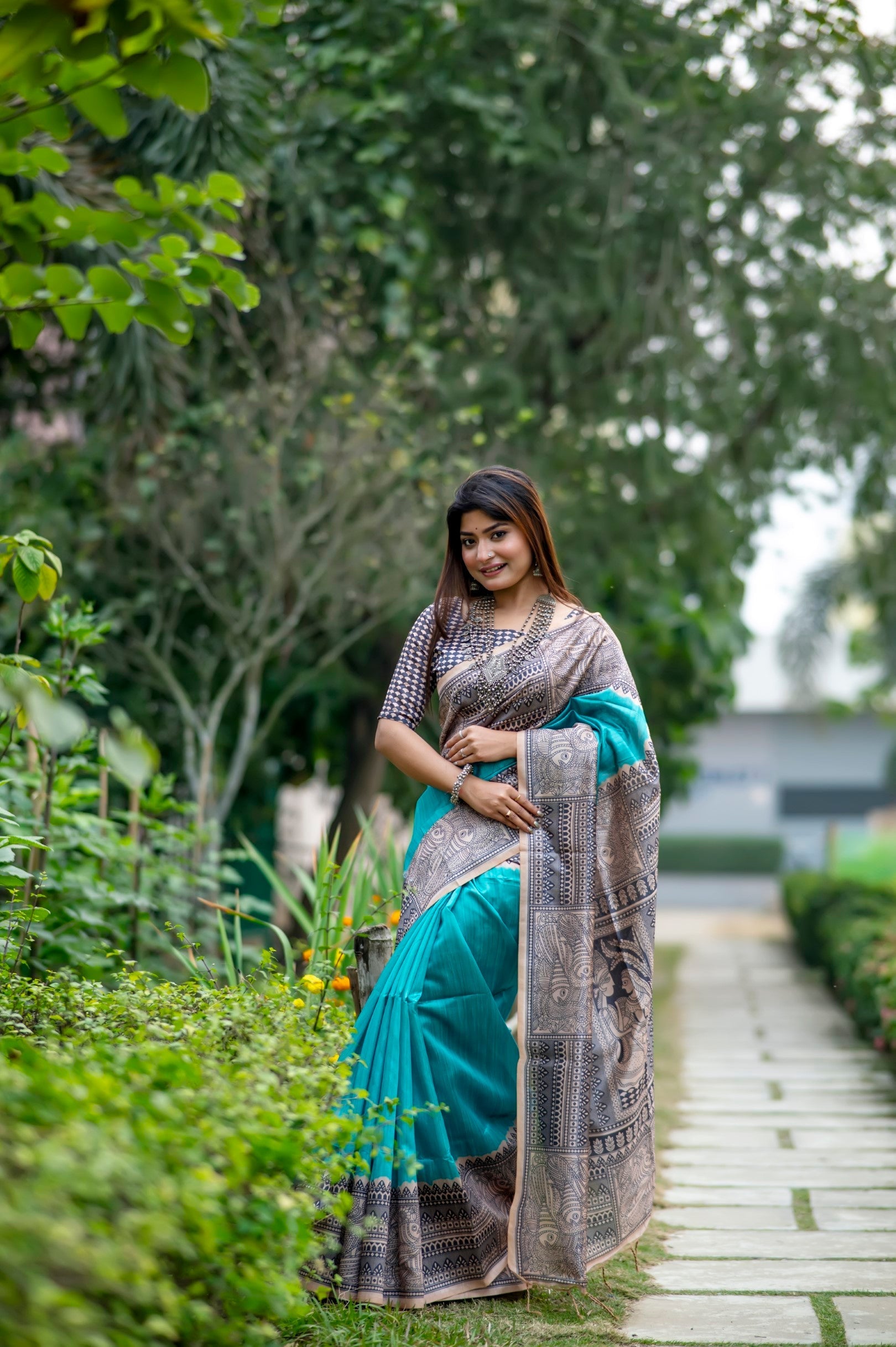 Cadet Blue Madhubani Printed Silk Saree