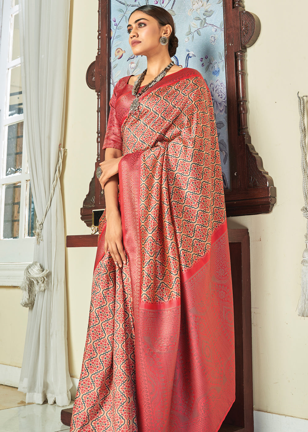 Medium Carmine Red Banarasi Satin Silk Saree