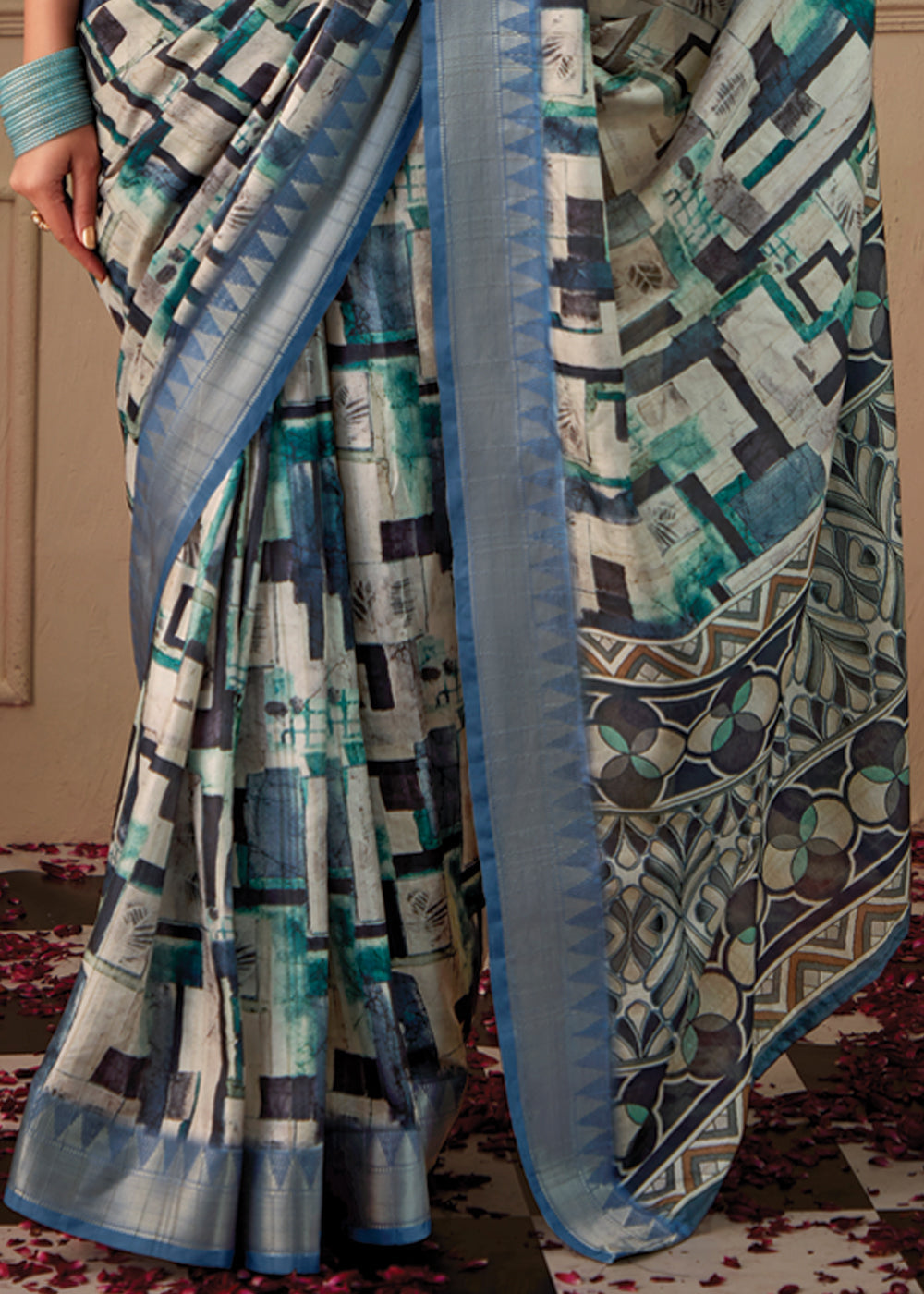 Blue Bayoux Woven Banarasi Tussar Silk Saree