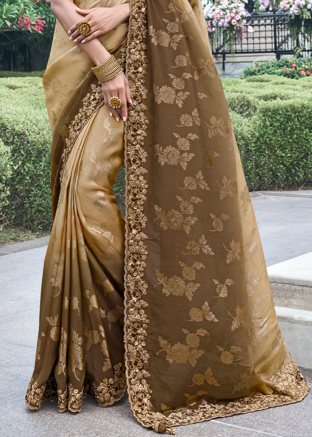 Peanut Brown Embroidered Designer Silk Saree