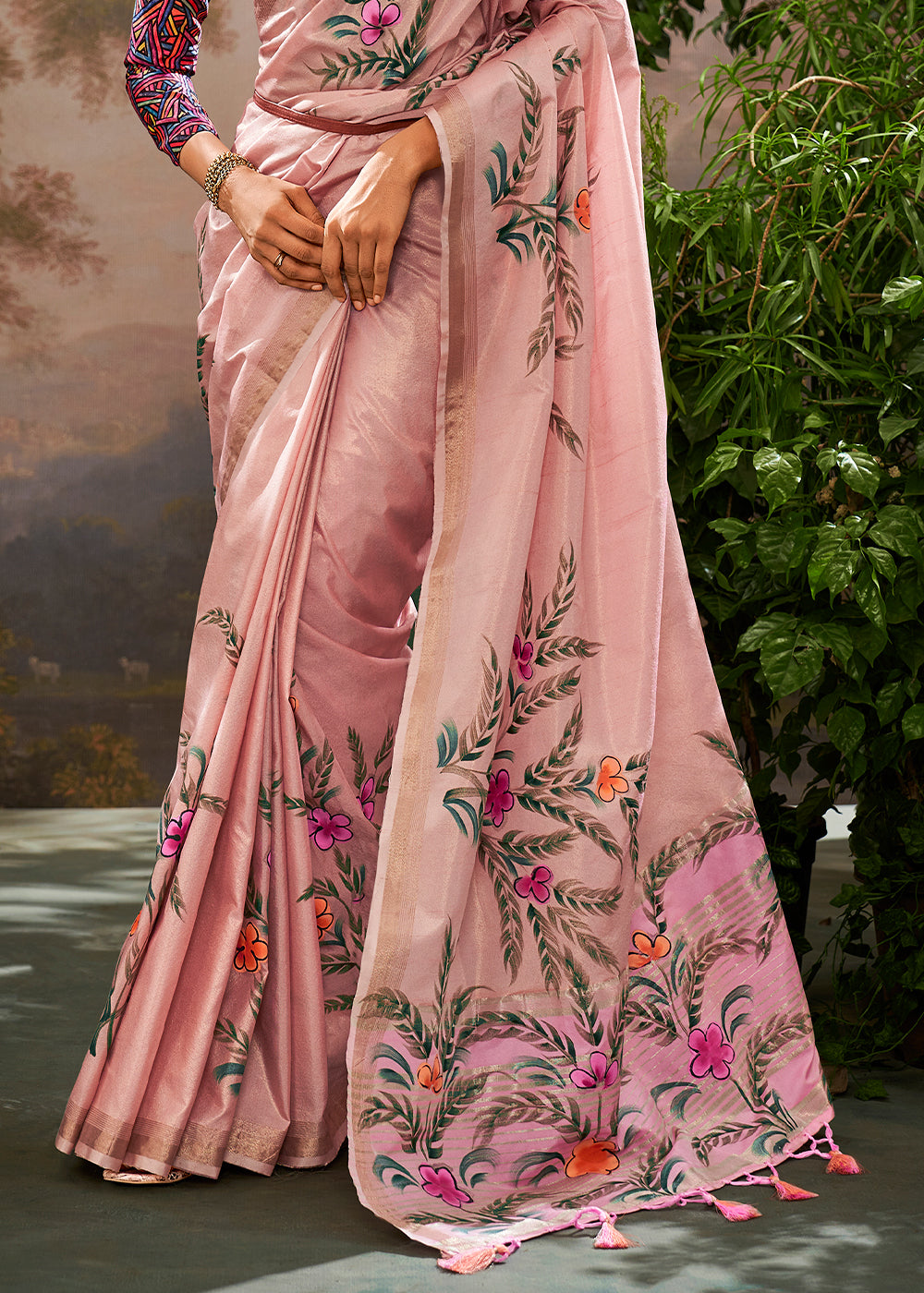 Taffy Pink Painted Linen Silk Saree