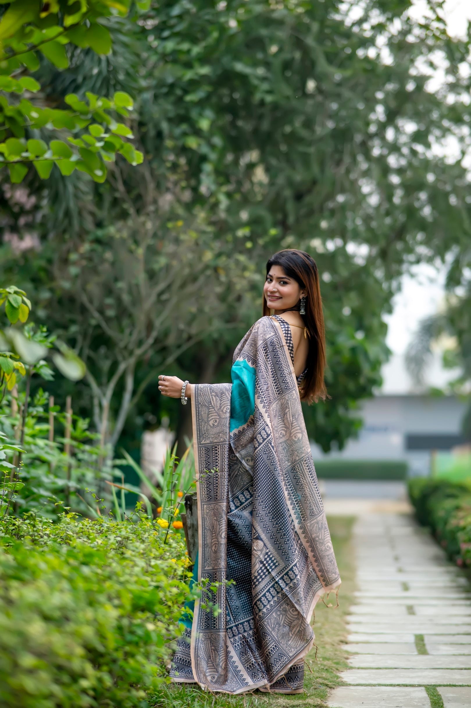 Cadet Blue Madhubani Printed Silk Saree