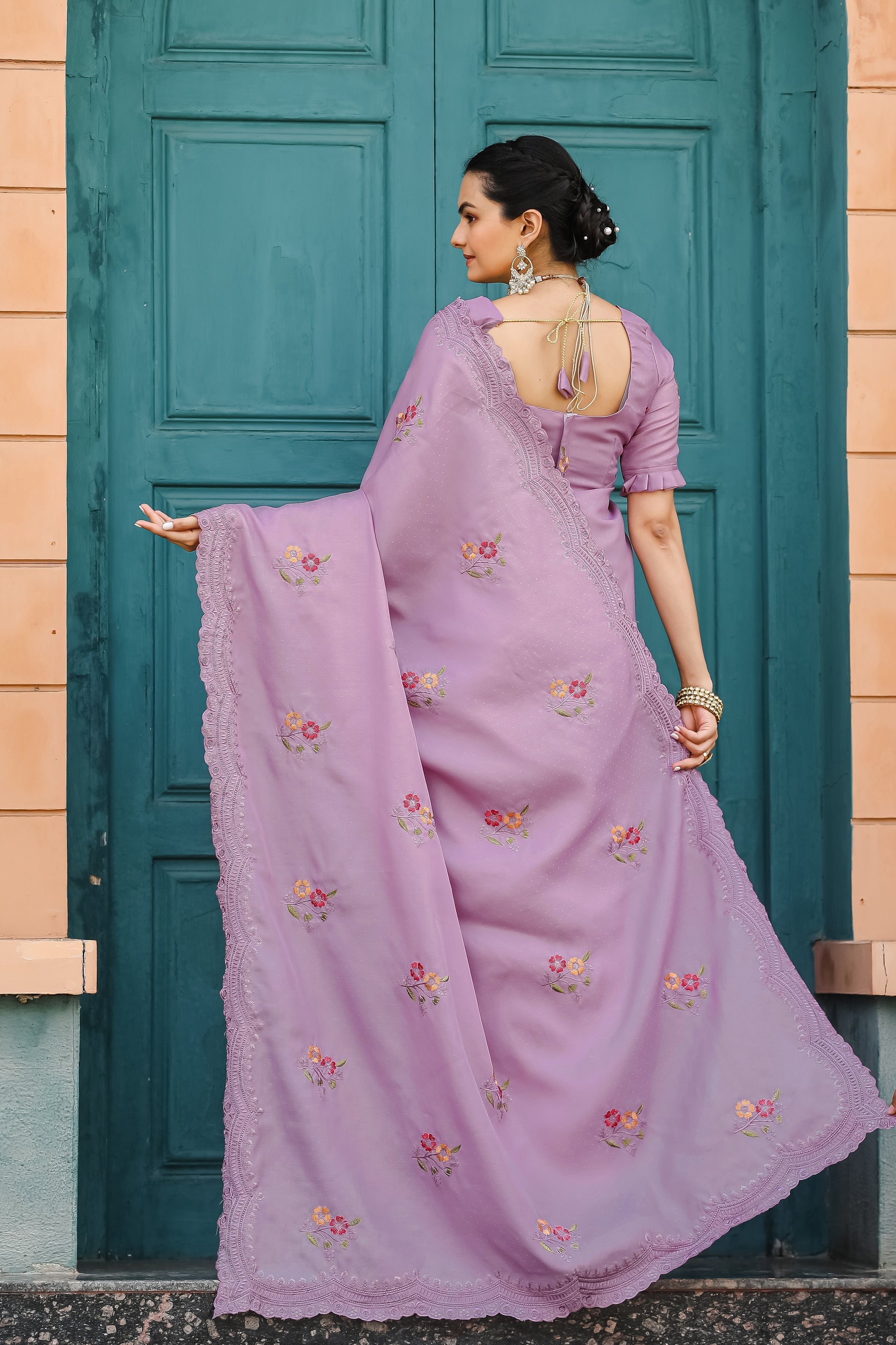 Old Rose Purple Embroidery Tussar Cotton Saree