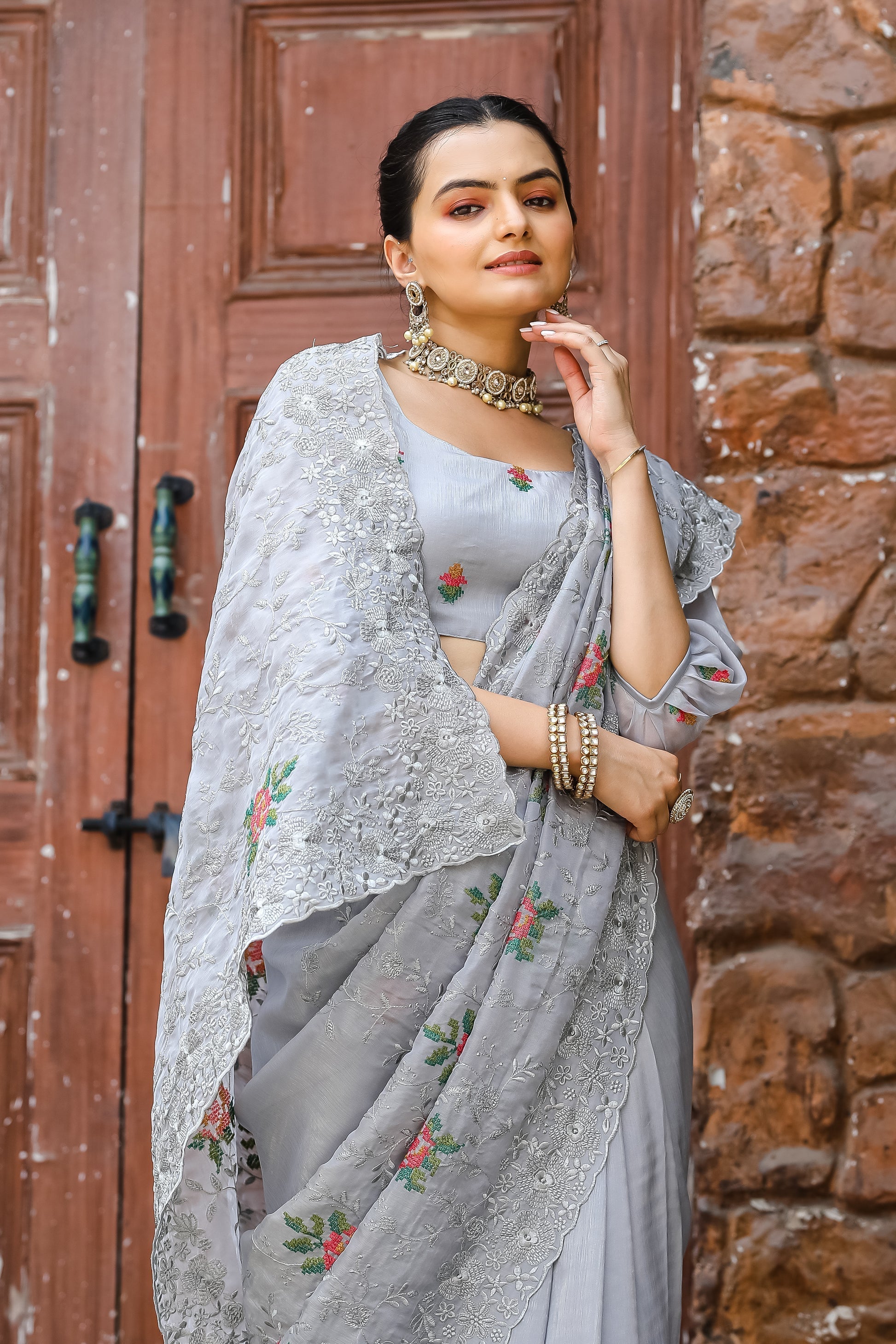 Cloudy Grey Embroidered Chiffon Silk Saree