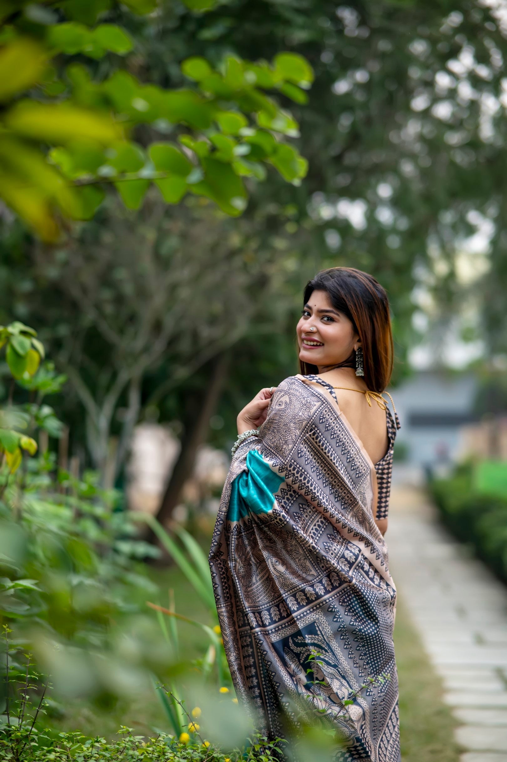 Cadet Blue Madhubani Printed Silk Saree