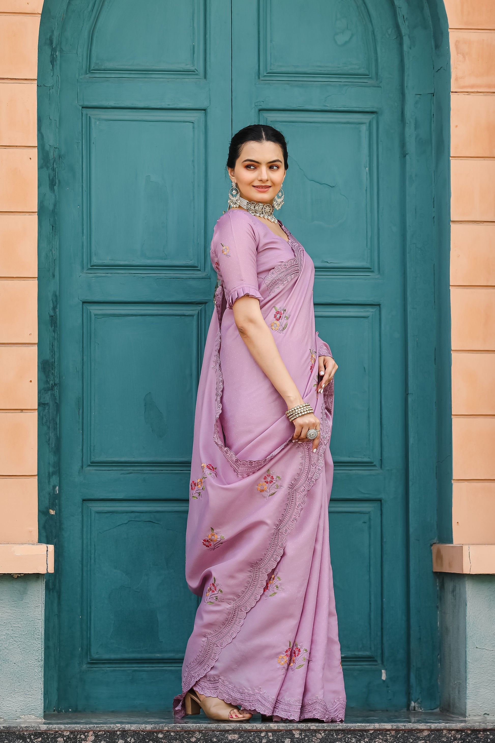 Old Rose Purple Embroidery Tussar Cotton Saree