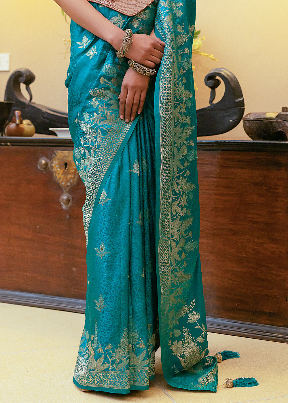 Sea Serpent Blue Woven Satin Silk Saree