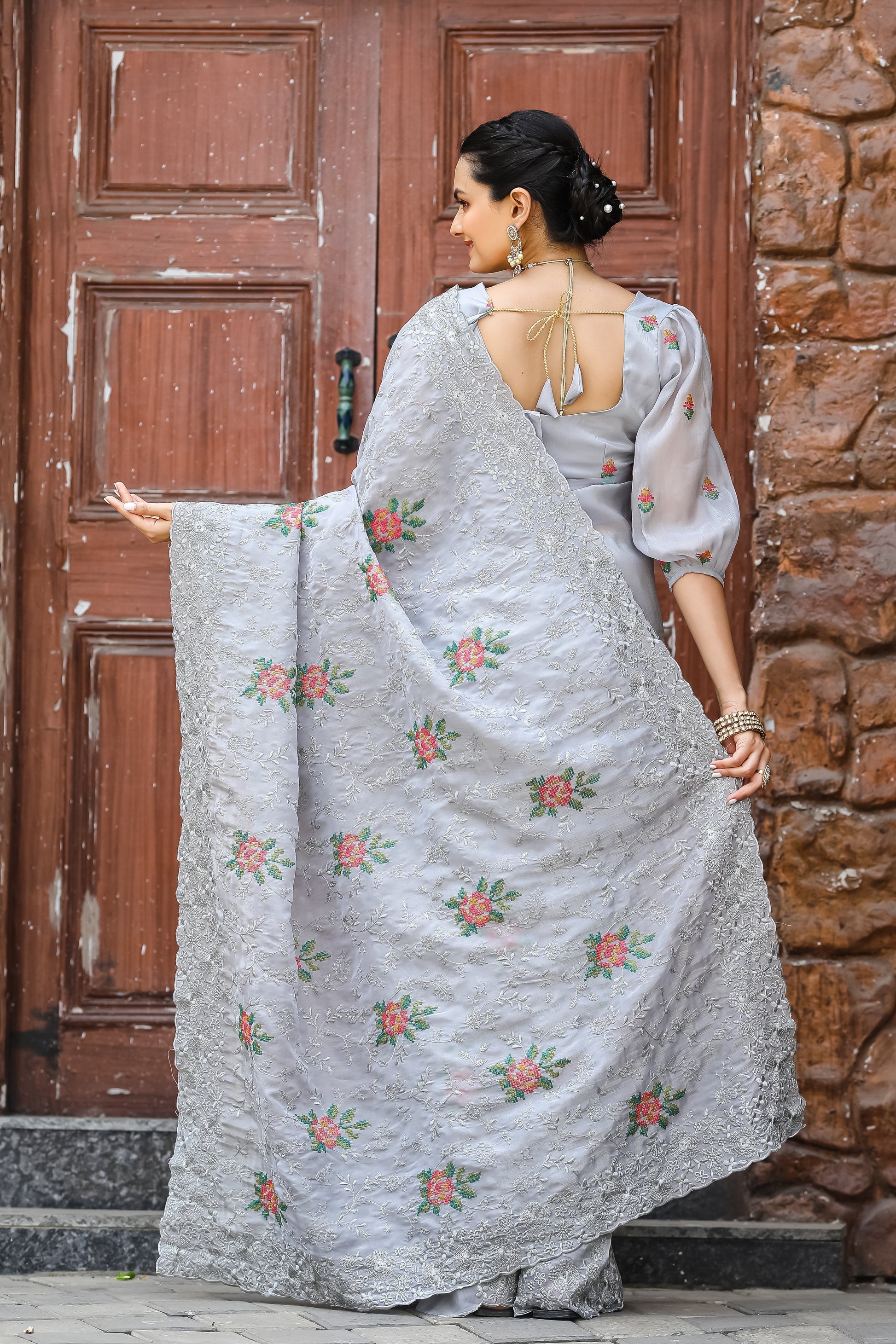 Cloudy Grey Embroidered Chiffon Silk Saree