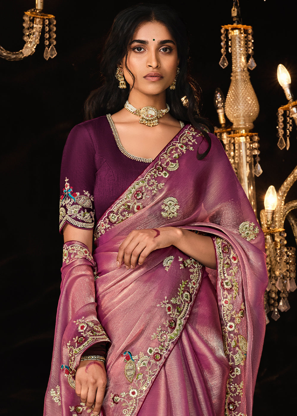 Cadillac Purple Embroidered Designer Satin Silk Saree