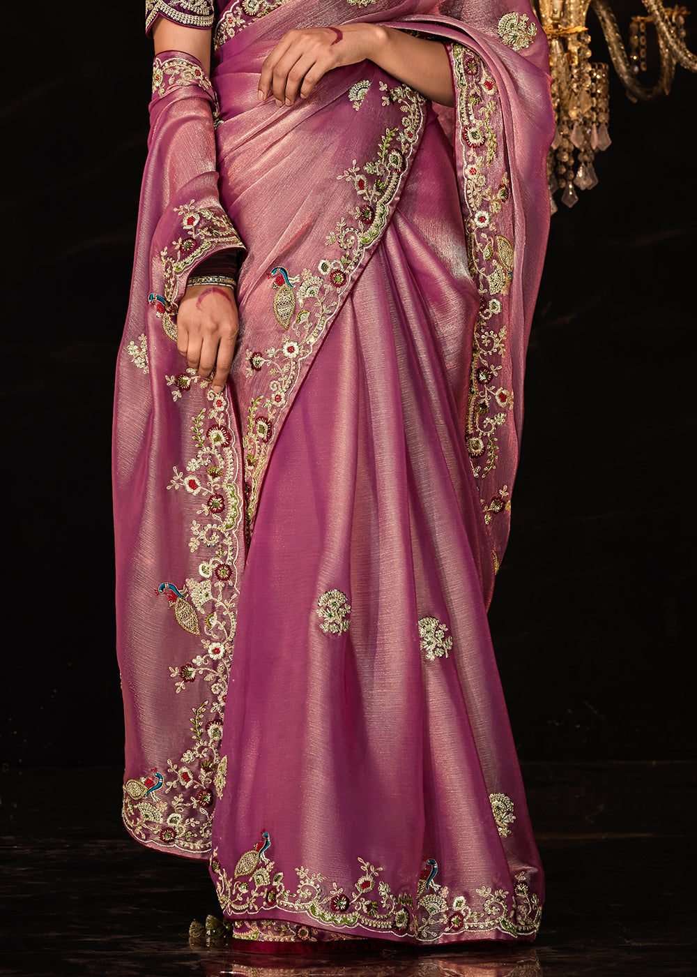 Cadillac Purple Embroidered Designer Satin Silk Saree