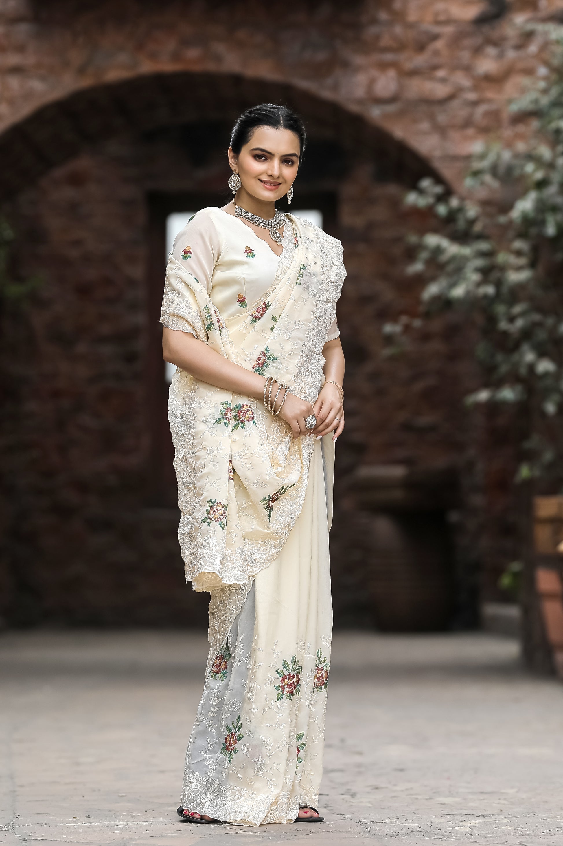 Daisy White Embroidered Chiffon Silk Saree