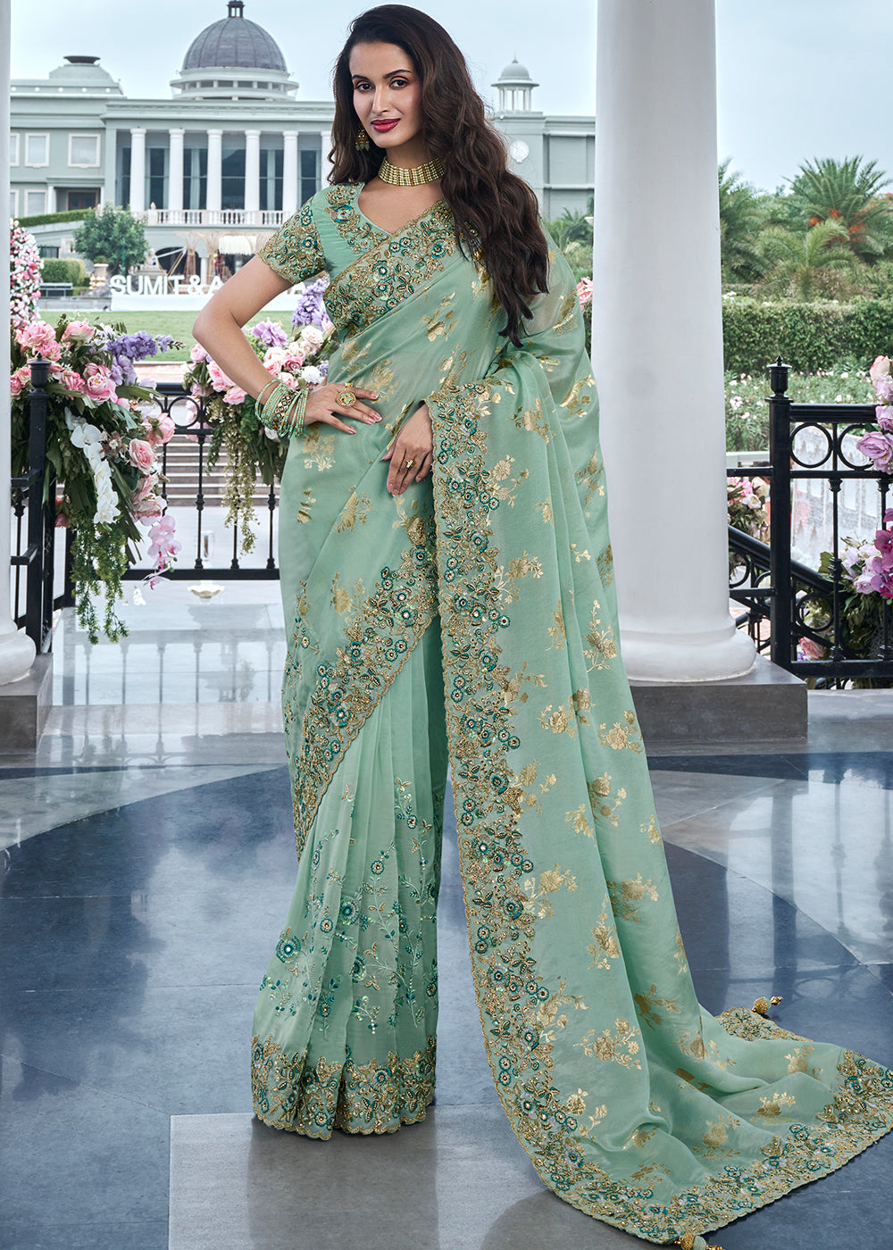 Mason Green Embroidered Designer Silk Saree