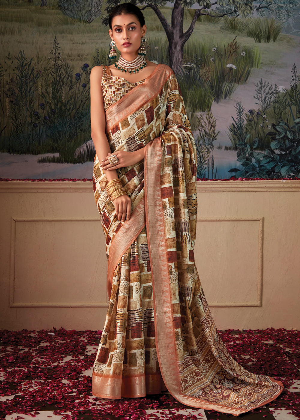 Muddy Waters Brown and Cream Woven Banarasi Tussar Silk Saree