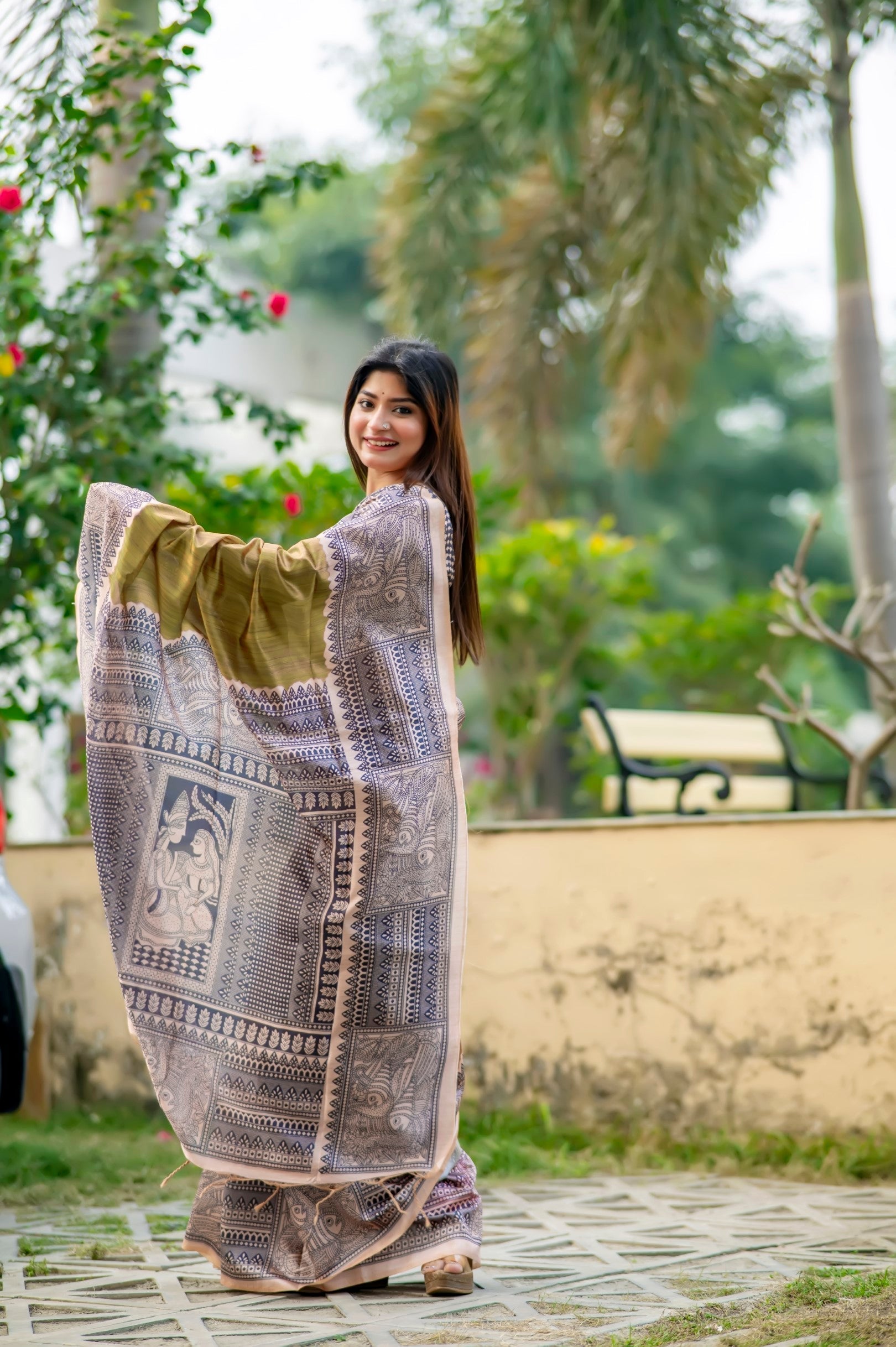 Pesto Green Madhubani Printed Silk Saree