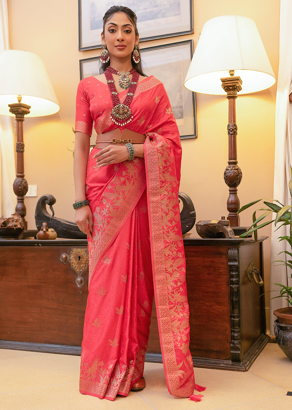 Bittersweet Pink Woven Satin Silk Saree