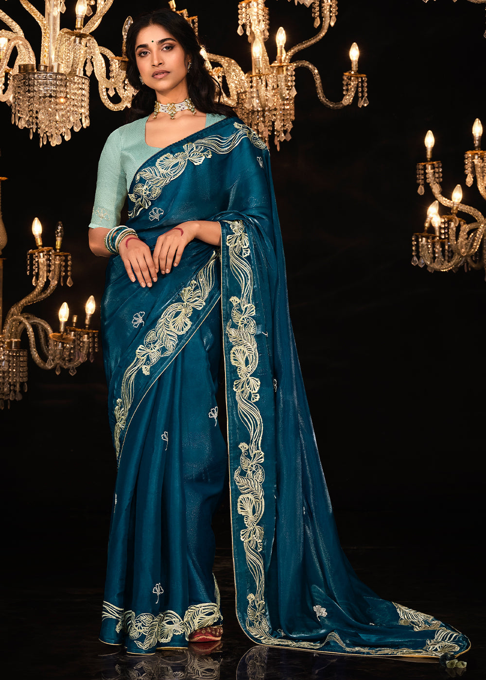 Blue Whale Embroidered Designer Satin Silk Saree