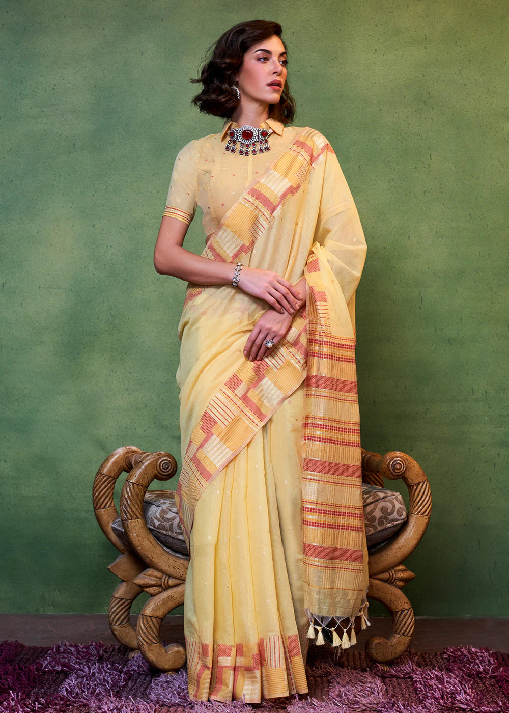 Yellow Handwoven Cotton Silk Saree With Brocade Blouse