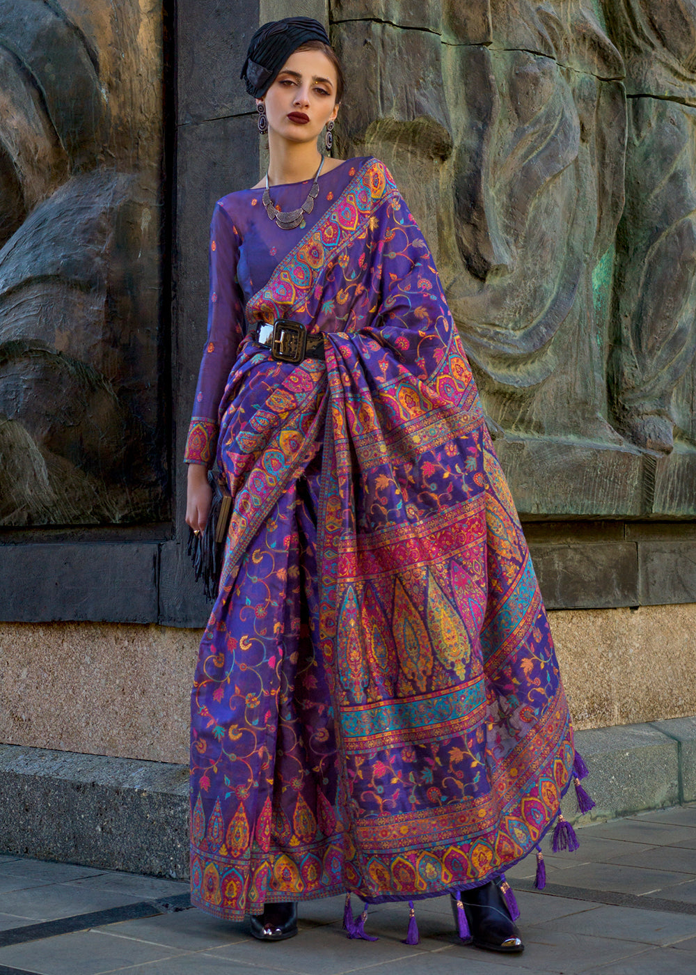 Jacarta Purple Jamawar Woven Organza Silk Saree